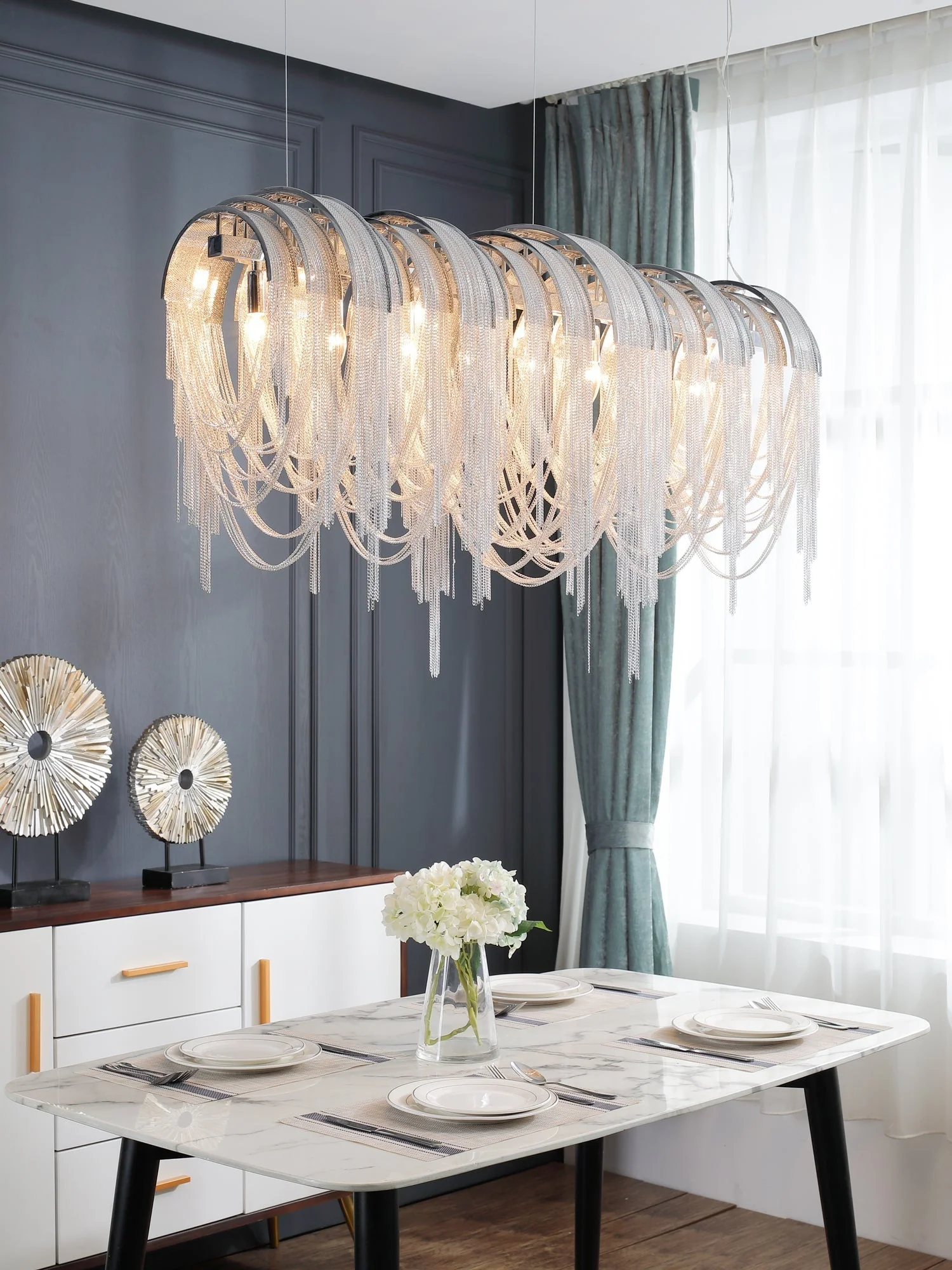 Lustra Chandelier Layered Chain Nickel Luxury - Image 103