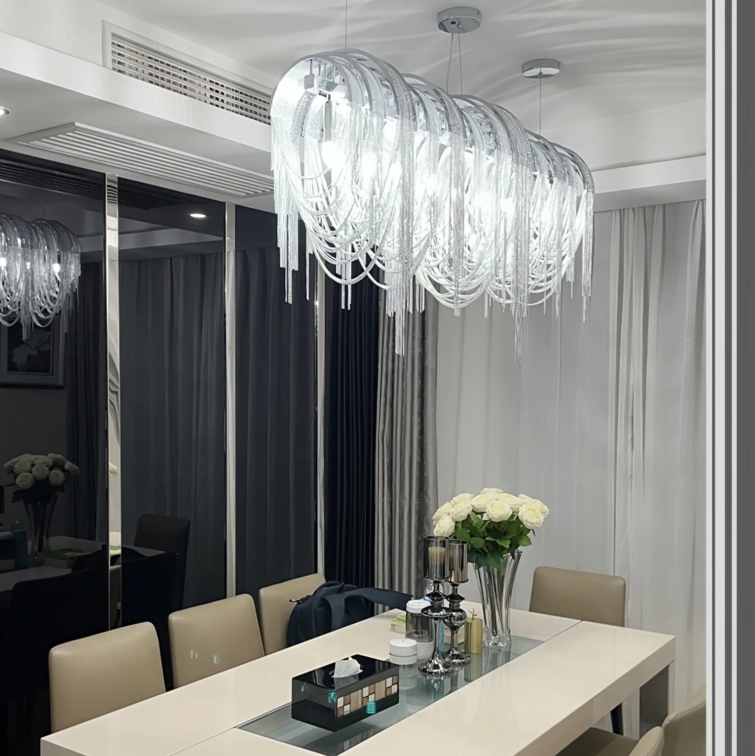 Lustra Chandelier Layered Chain Nickel Luxury - Image 110
