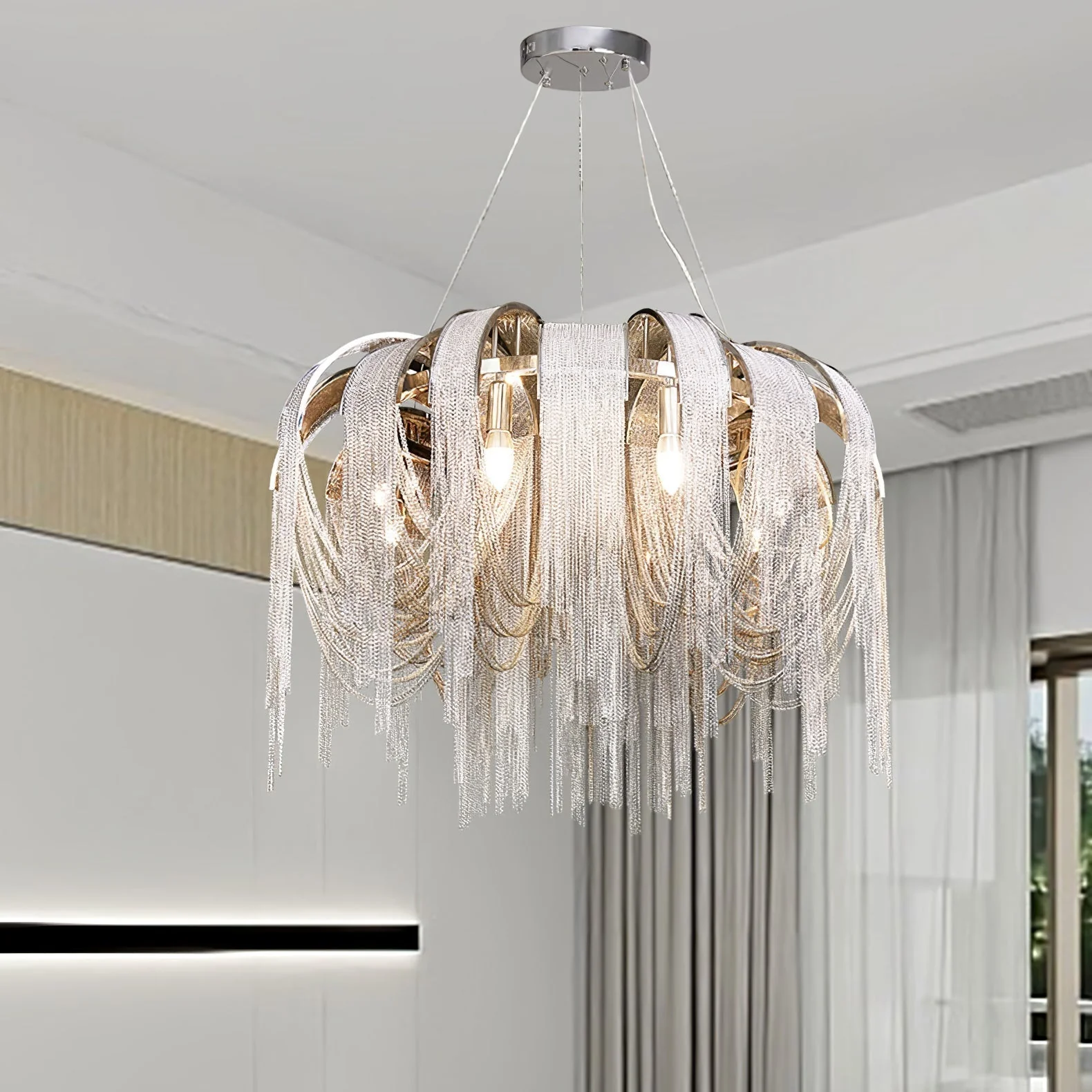 Lustra Chandelier Layered Chain Nickel Luxury - Image 112