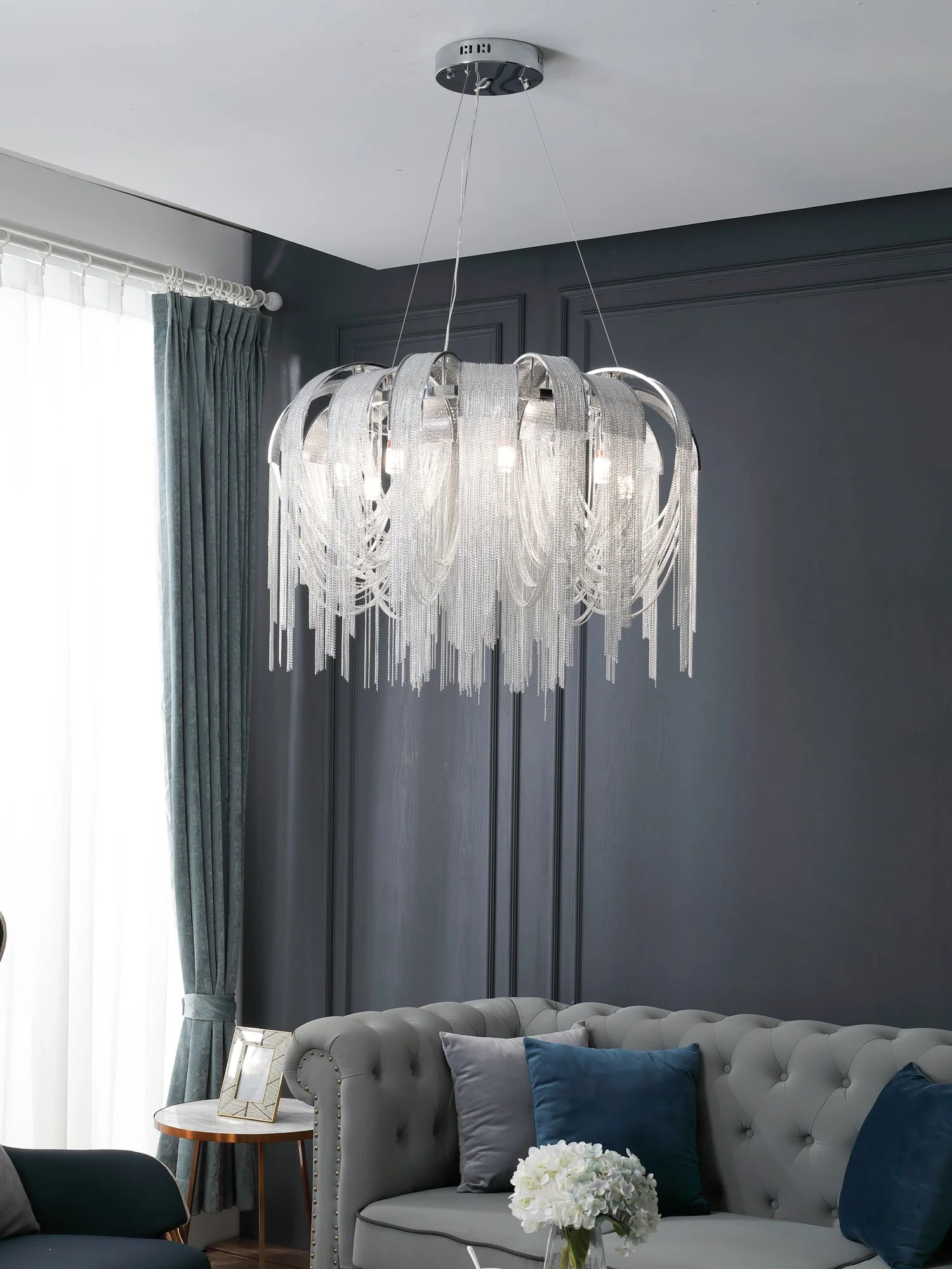 Lustra Chandelier Layered Chain Nickel Luxury - Image 115