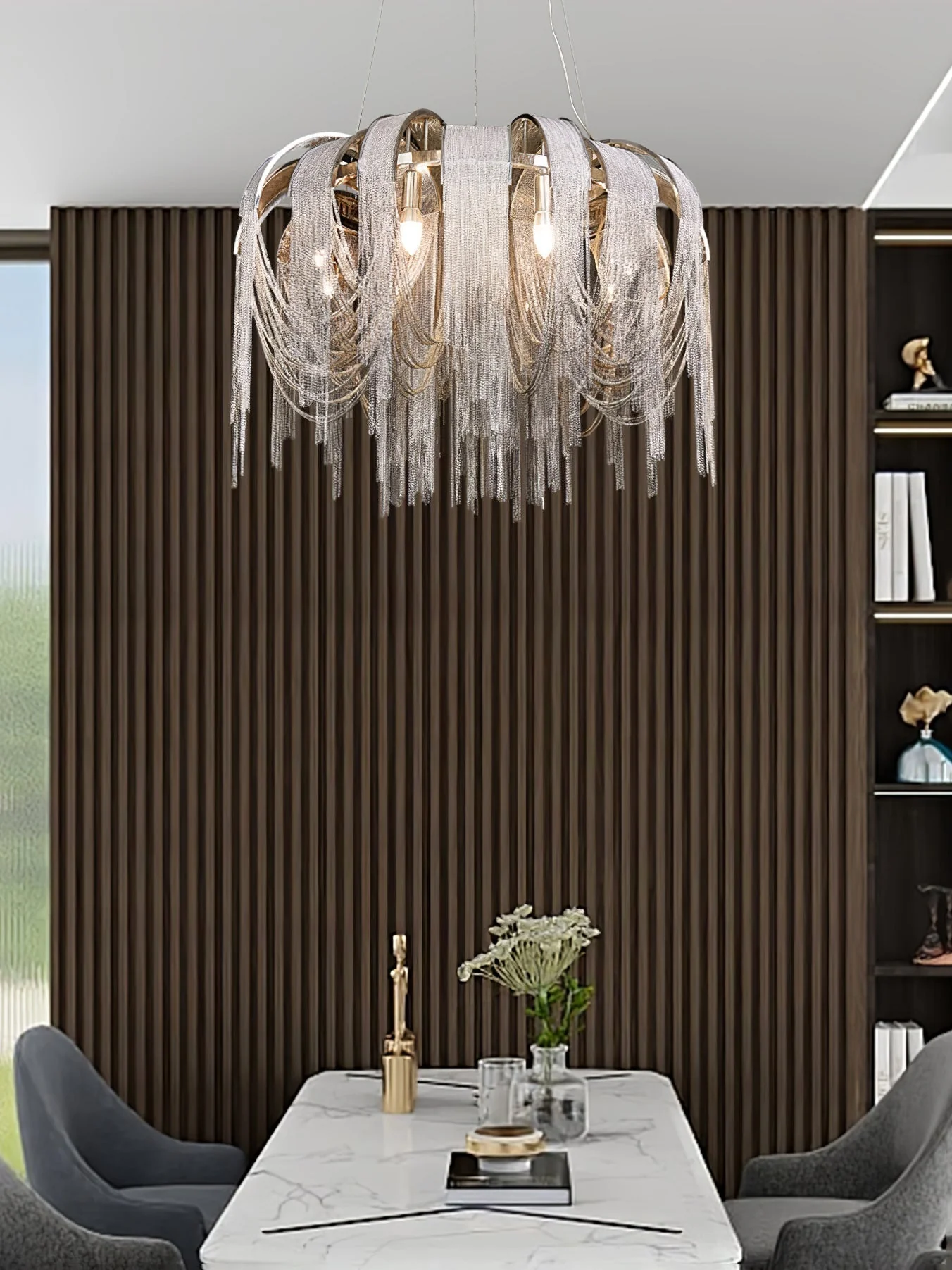 Lustra Chandelier Layered Chain Nickel Luxury - Image 117