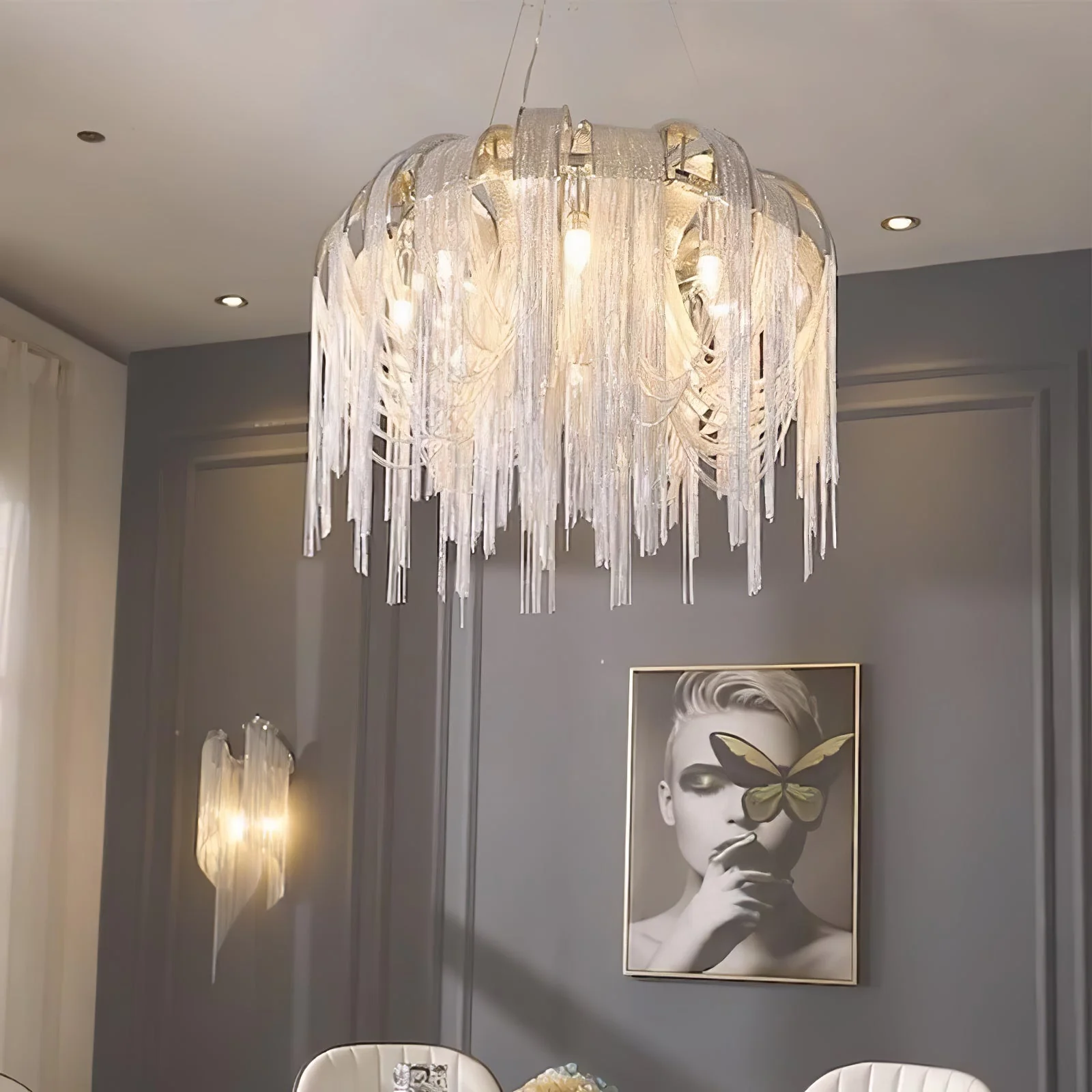 Lustra Chandelier Layered Chain Nickel Luxury - Image 120