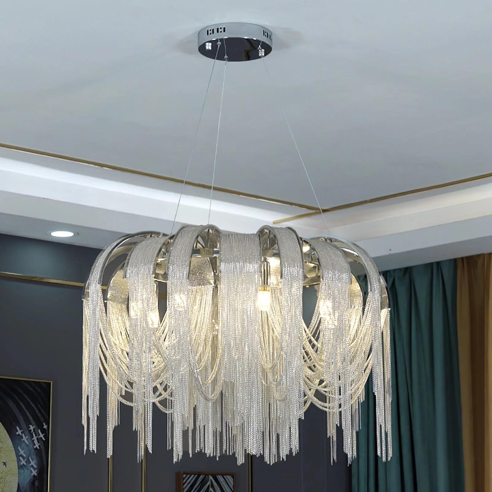 Lustra Chandelier Layered Chain Nickel Luxury - Image 122