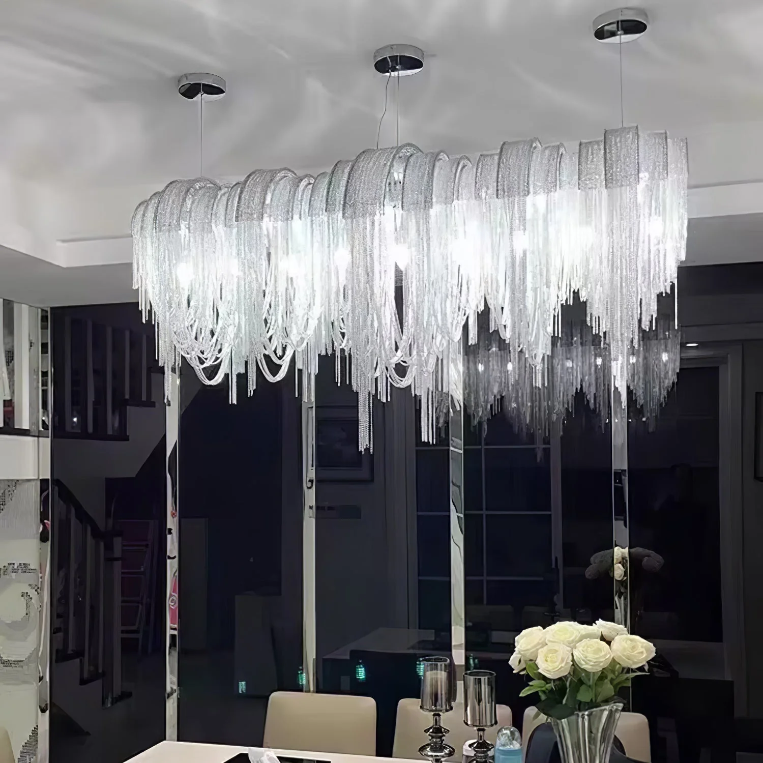 Lustra Chandelier Layered Chain Nickel Luxury - Image 123