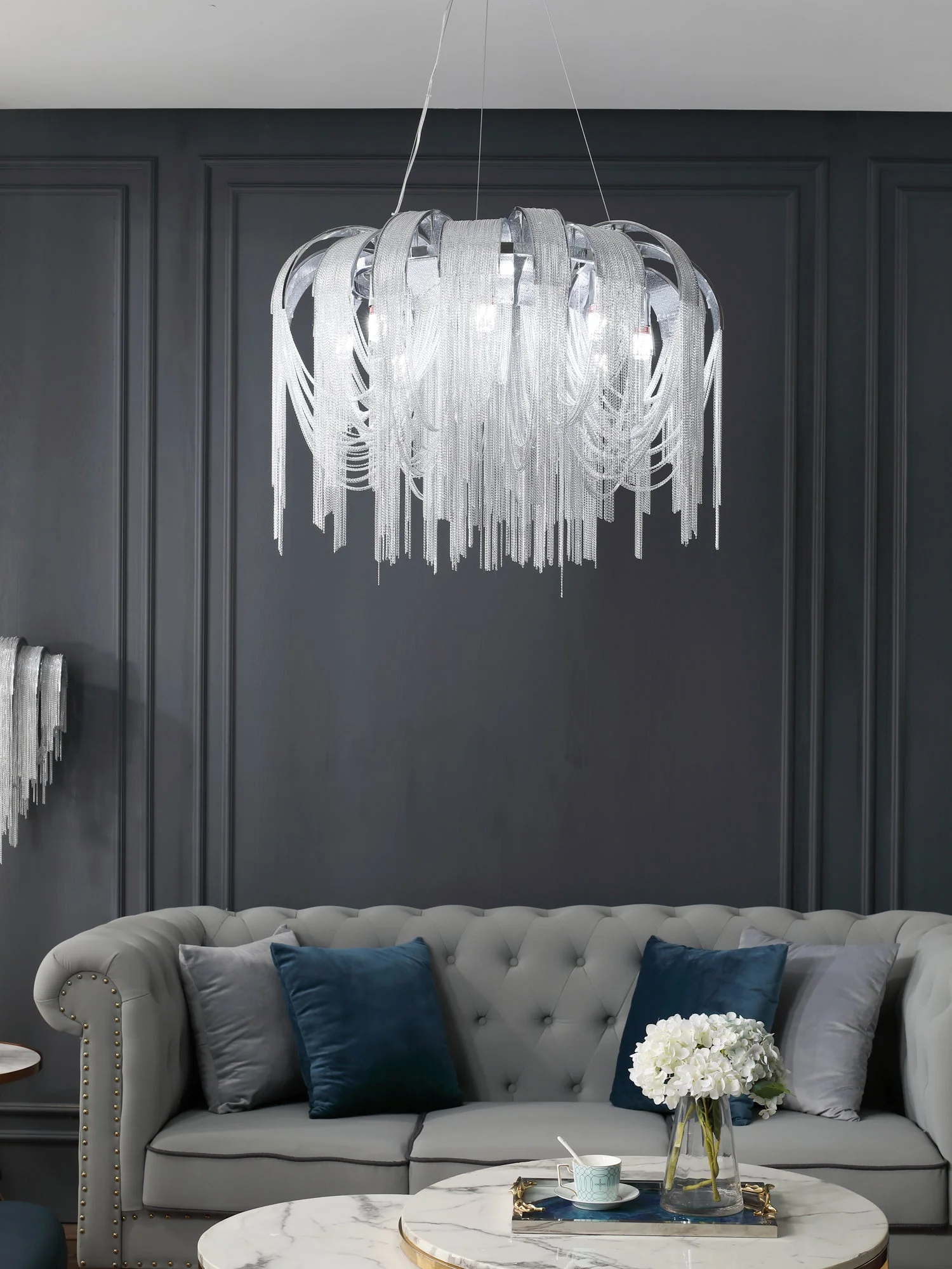Lustra Chandelier Layered Chain Nickel Luxury - Image 17