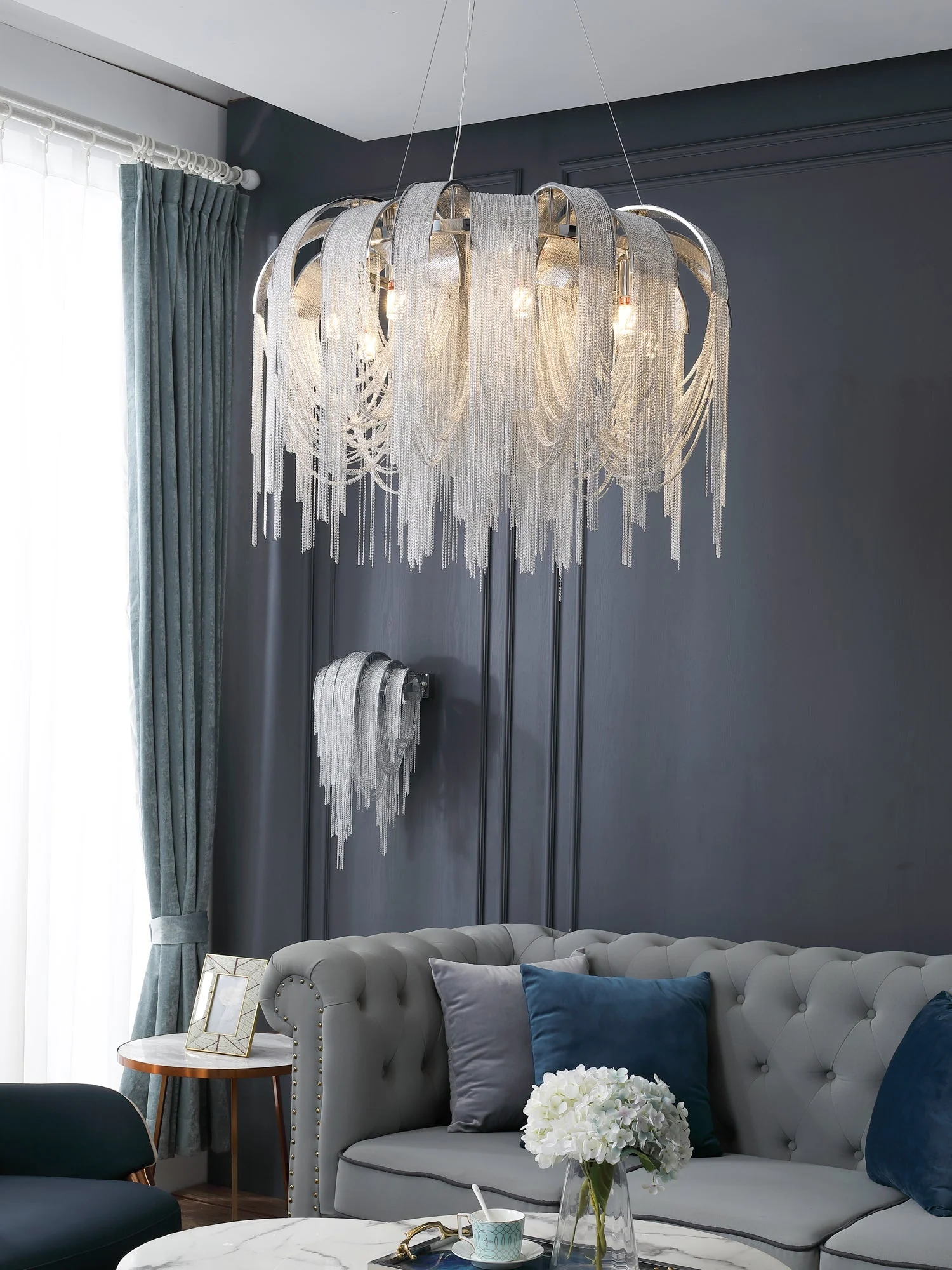 Lustra Chandelier Layered Chain Nickel Luxury - Image 29