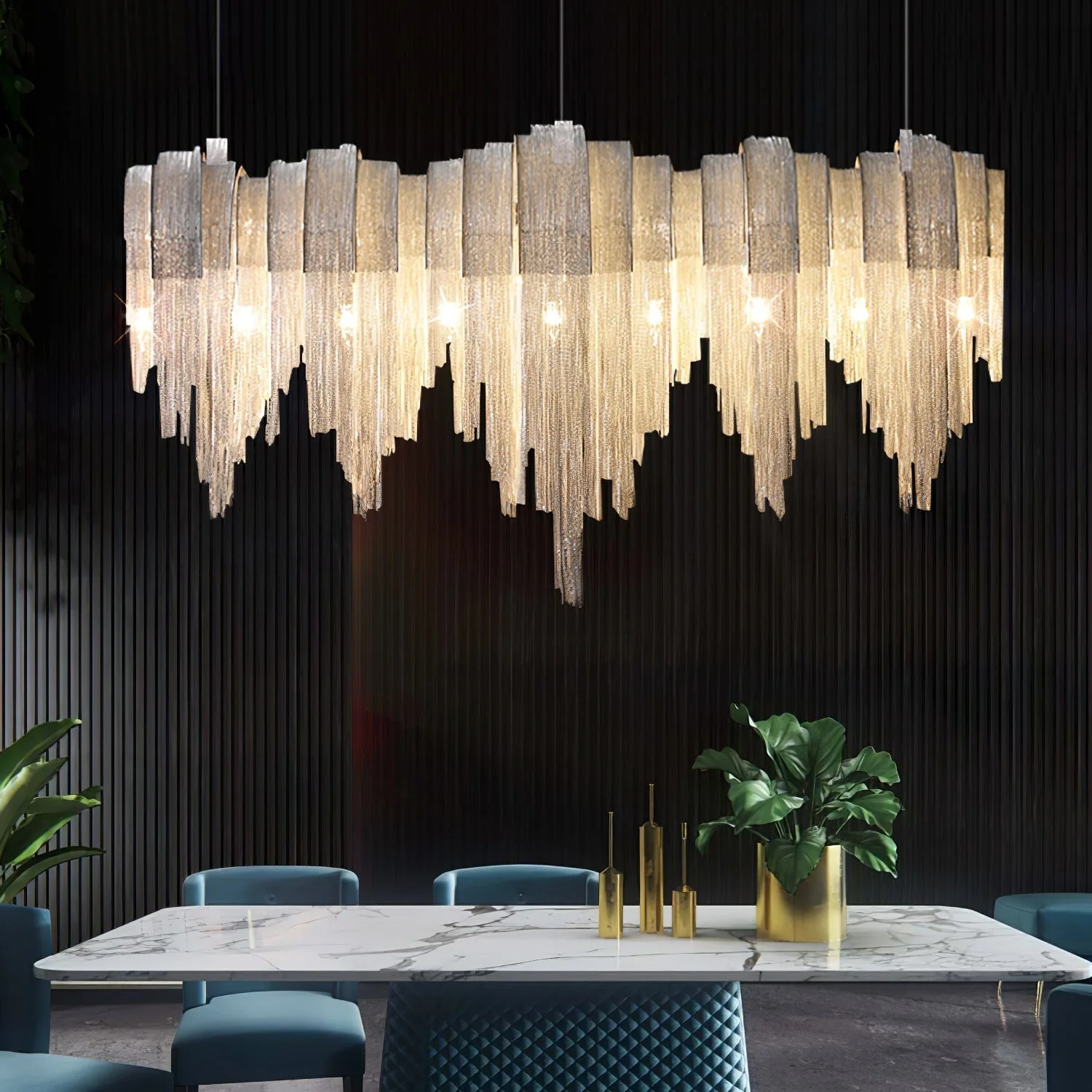 Lustra Chandelier Layered Chain Nickel Luxury - Image 3