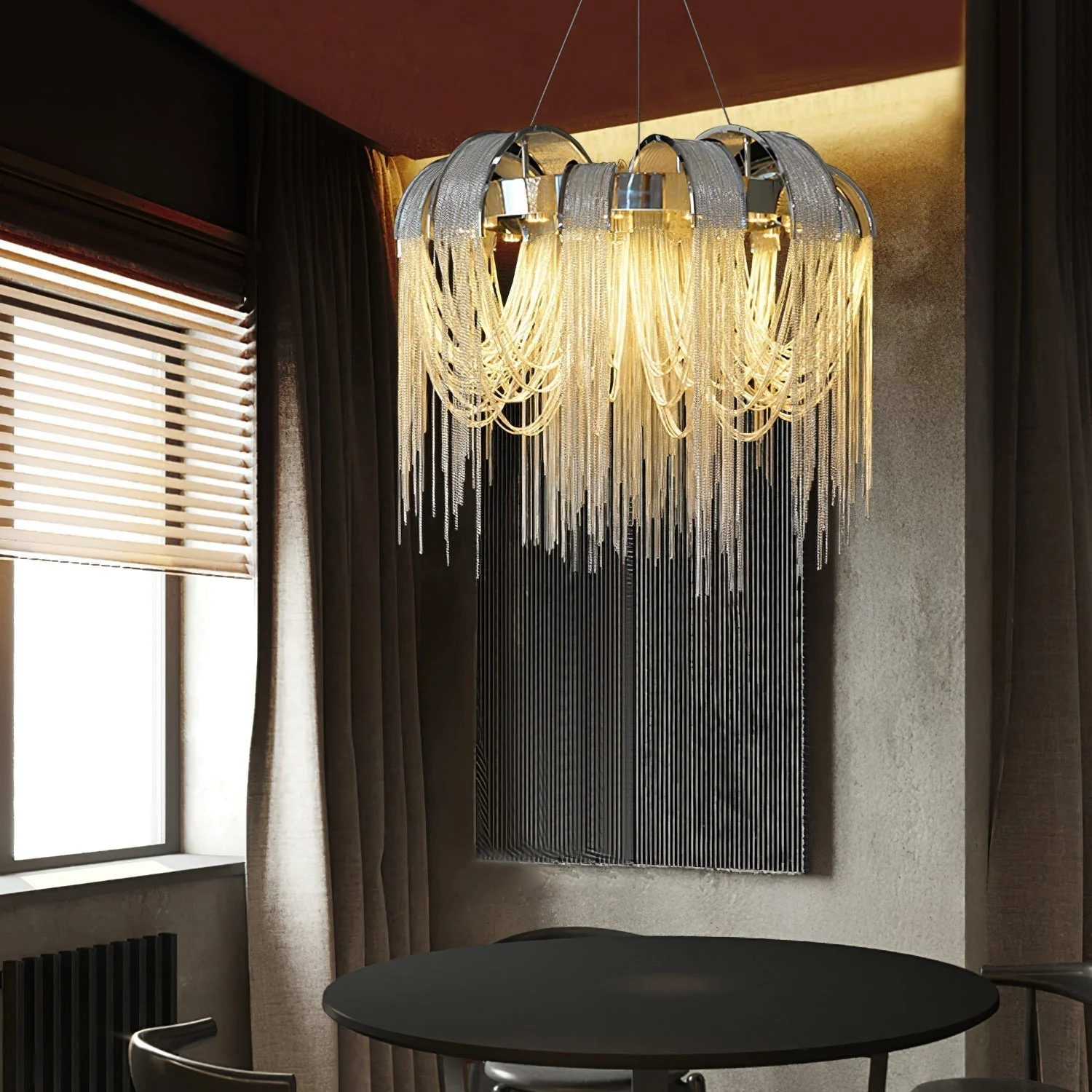 Lustra Chandelier Layered Chain Nickel Luxury - Image 4