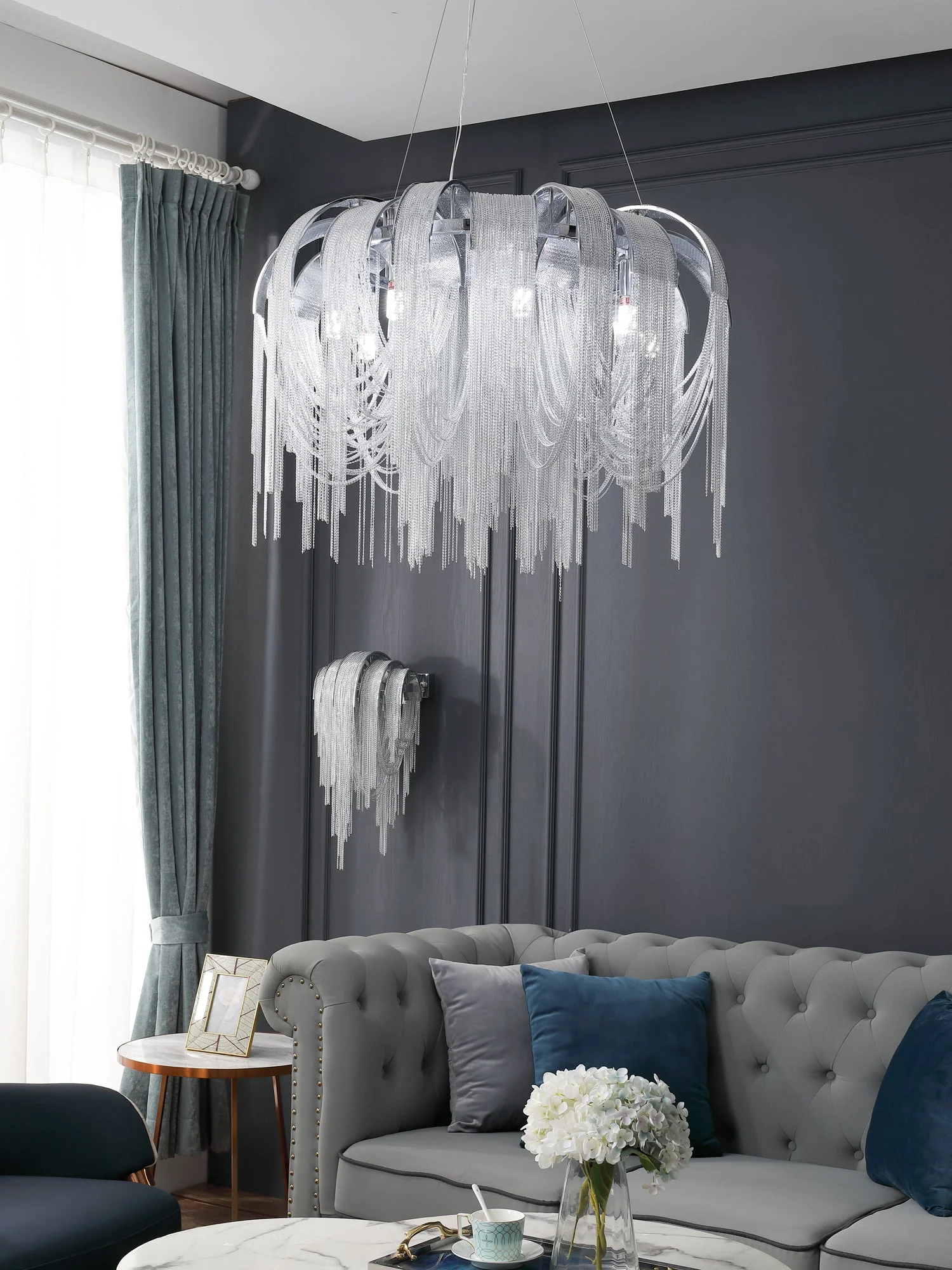 Lustra Chandelier Layered Chain Nickel Luxury - Image 41