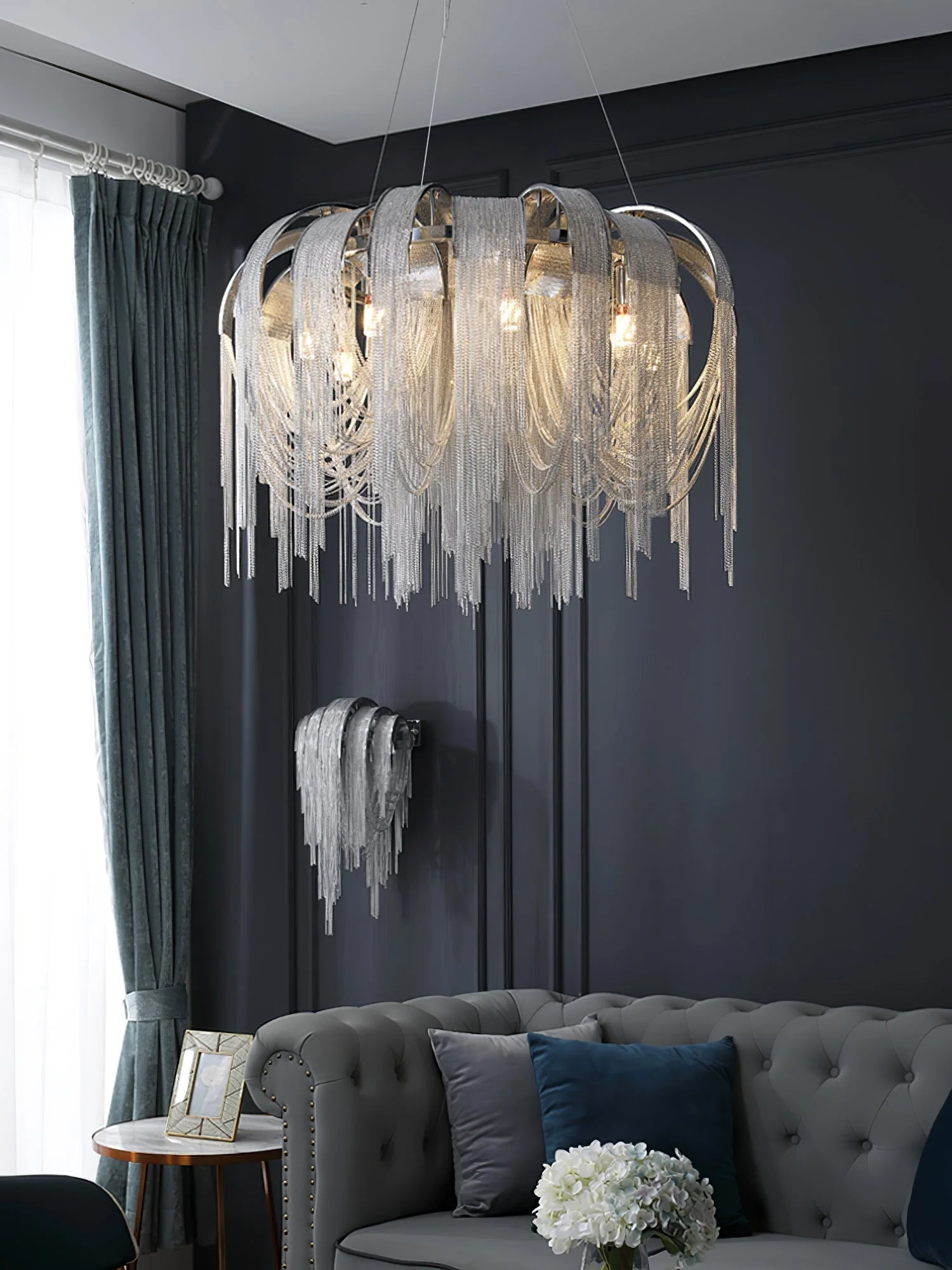 Lustra Chandelier Layered Chain Nickel Luxury - Image 49