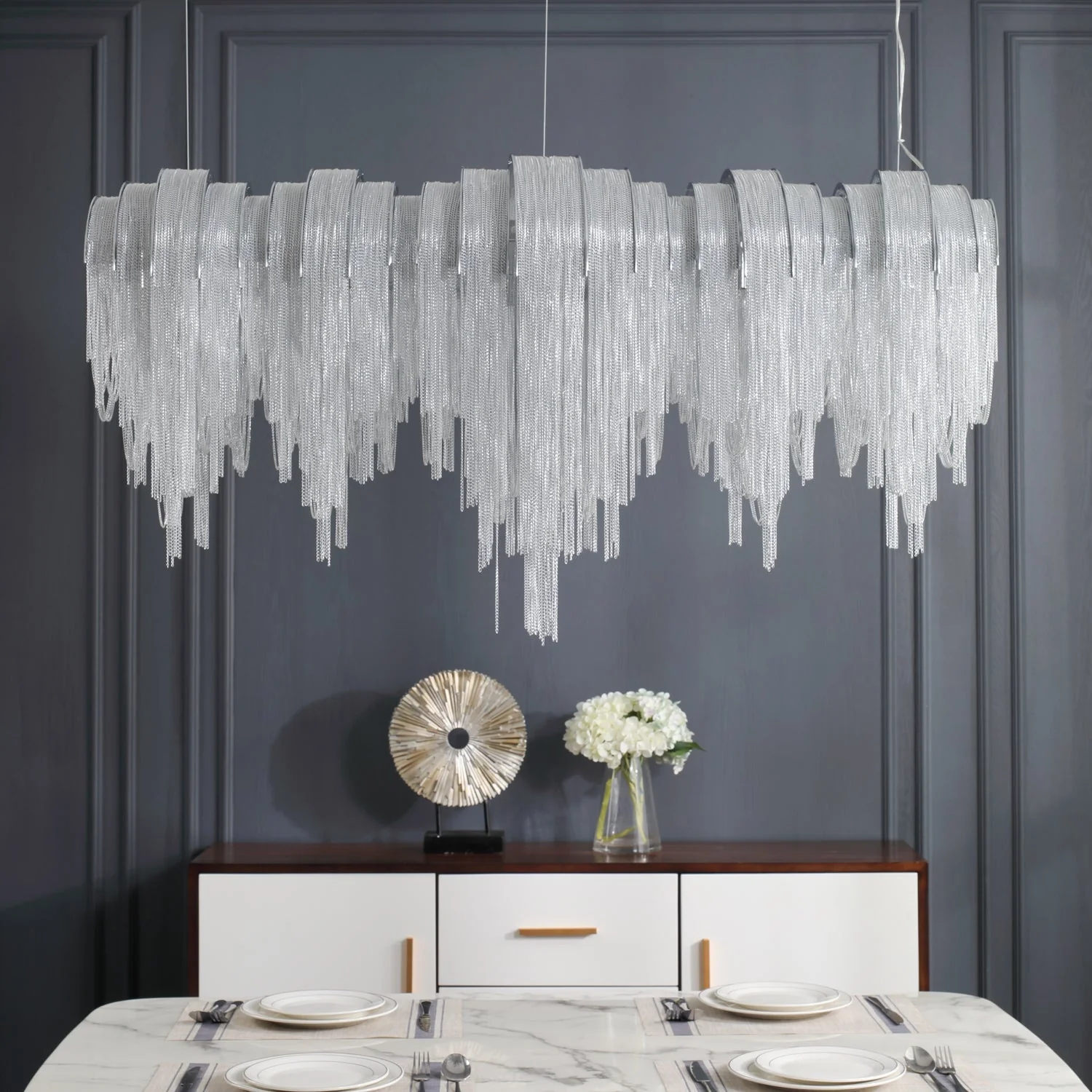 Lustra Chandelier Layered Chain Nickel Luxury - Image 5