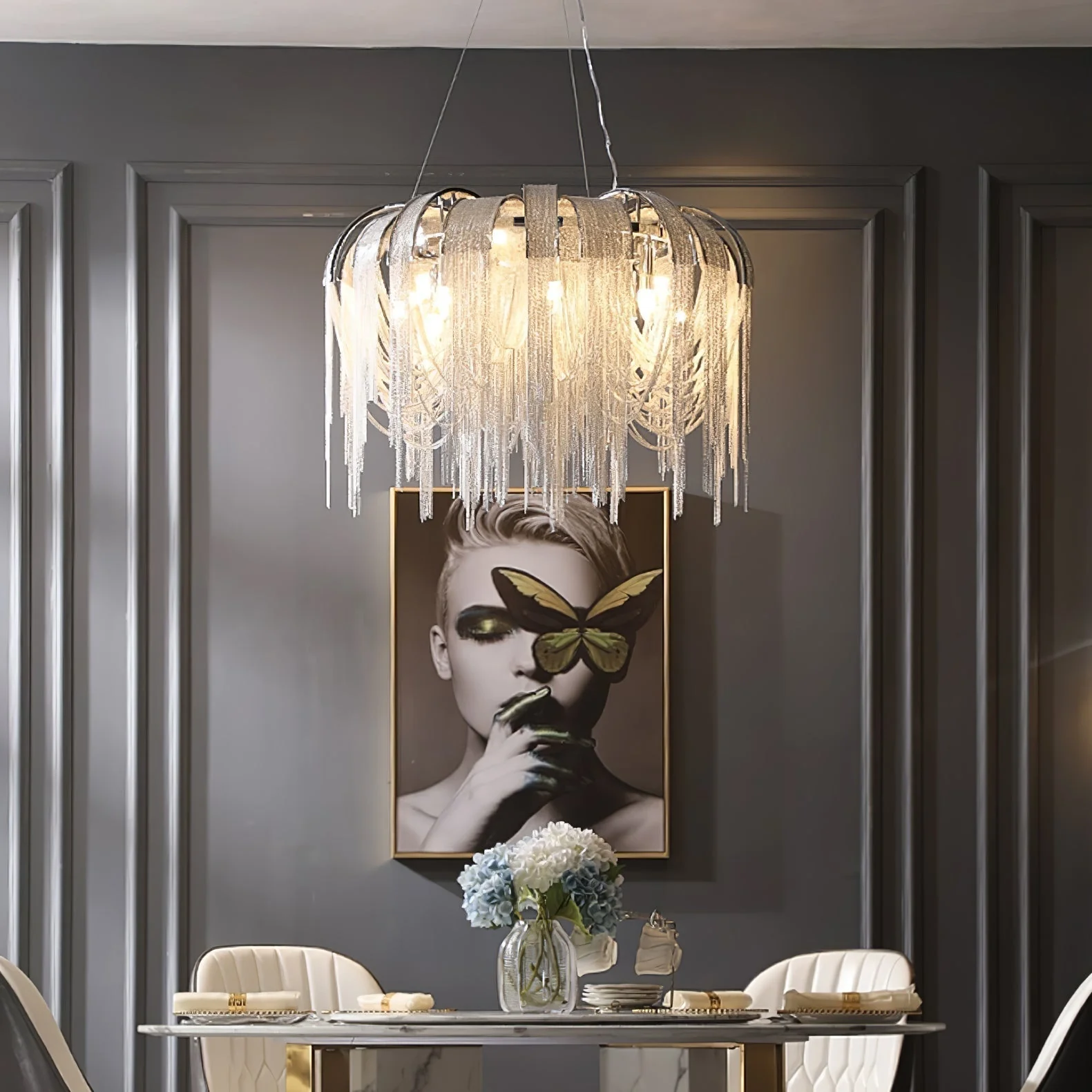 Lustra Chandelier Layered Chain Nickel Luxury - Image 54
