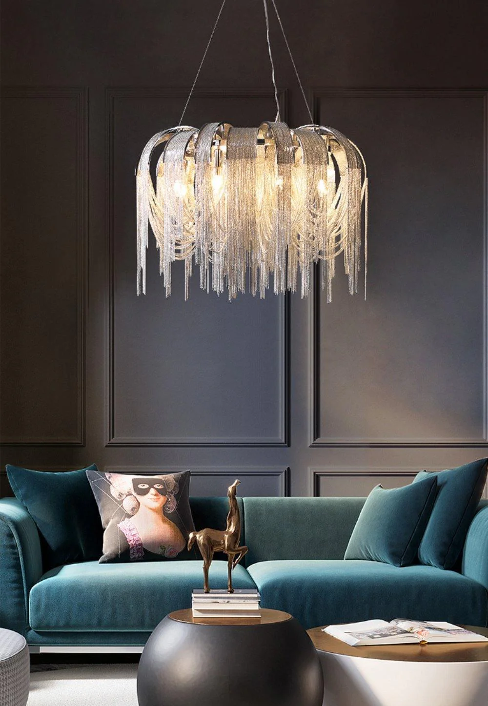 Lustra Chandelier Layered Chain Nickel Luxury - Image 70