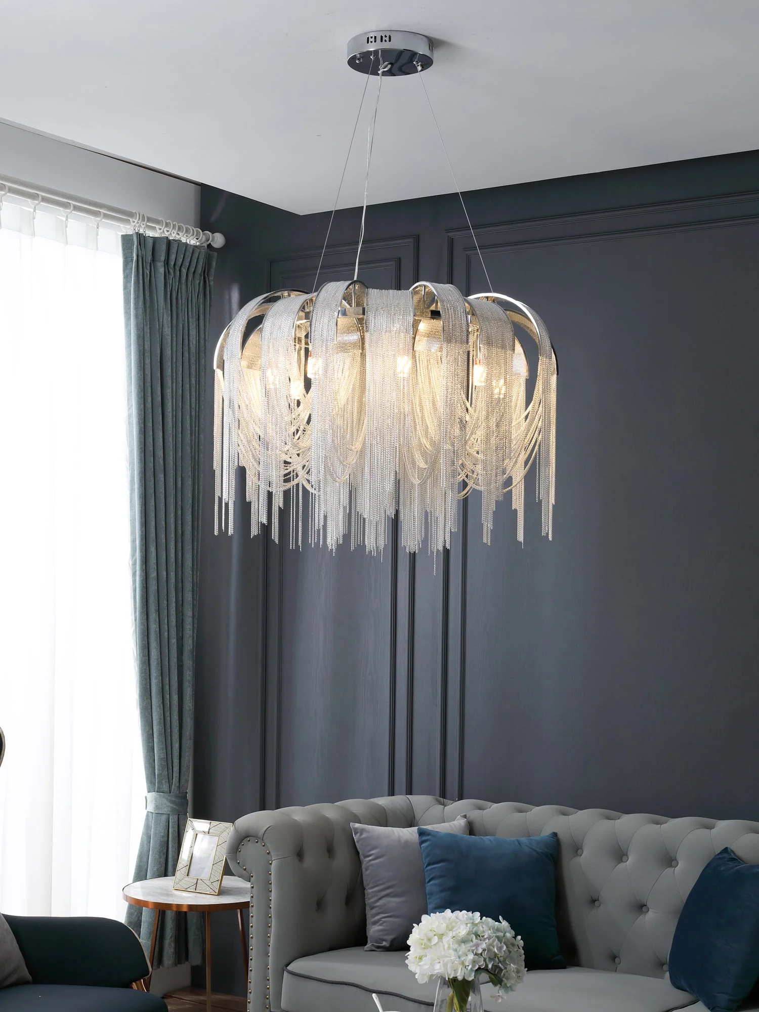Lustra Chandelier Layered Chain Nickel Luxury - Image 78
