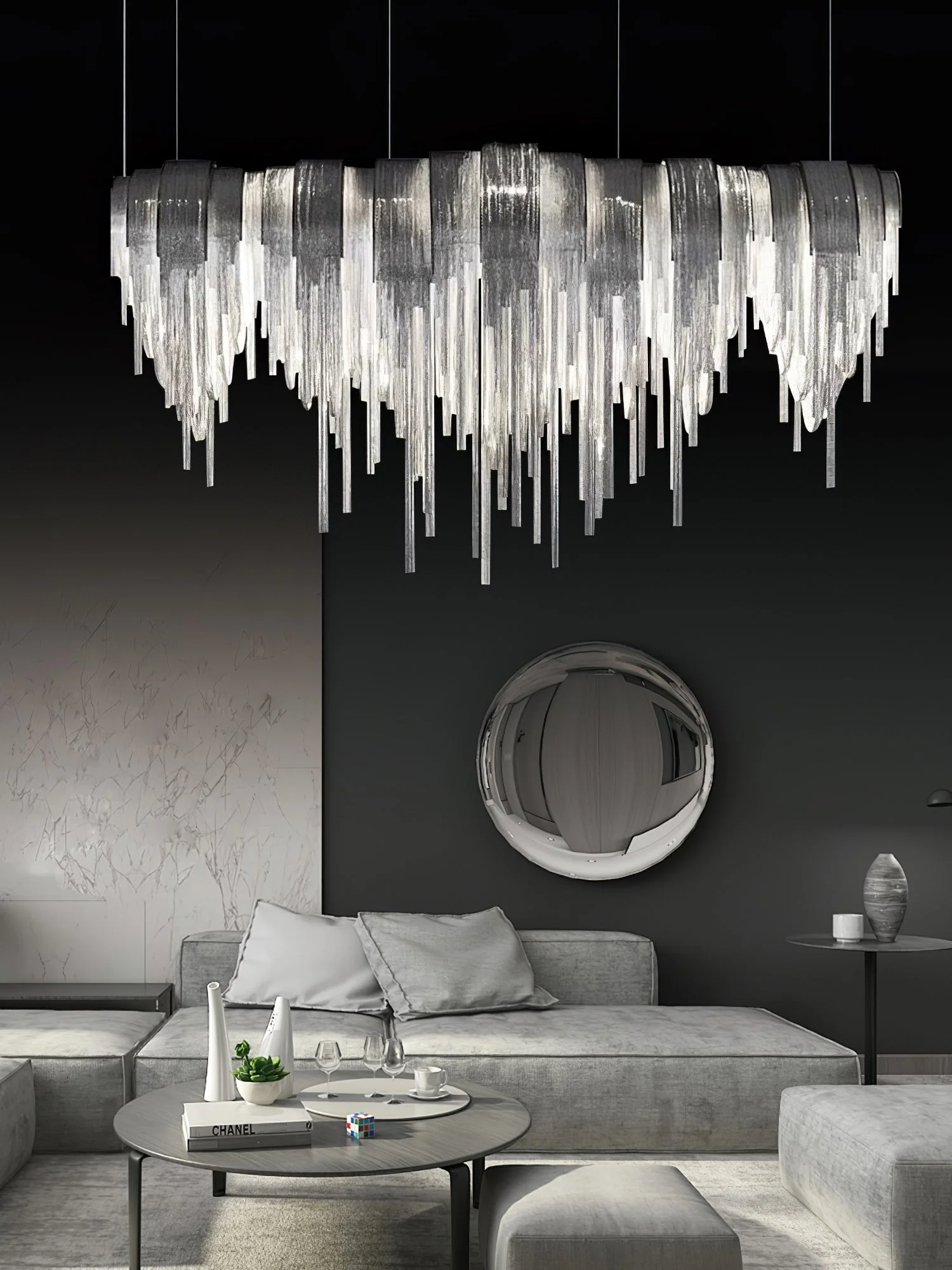 Lustra Chandelier Layered Chain Nickel Luxury - Image 81