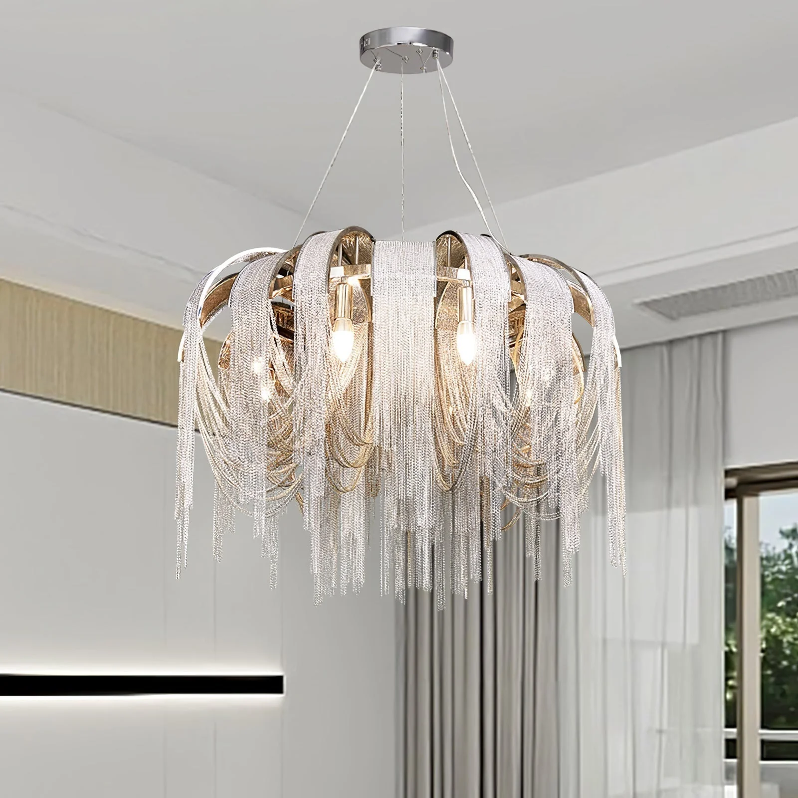 Lustra Chandelier Layered Chain Nickel Luxury - Image 82