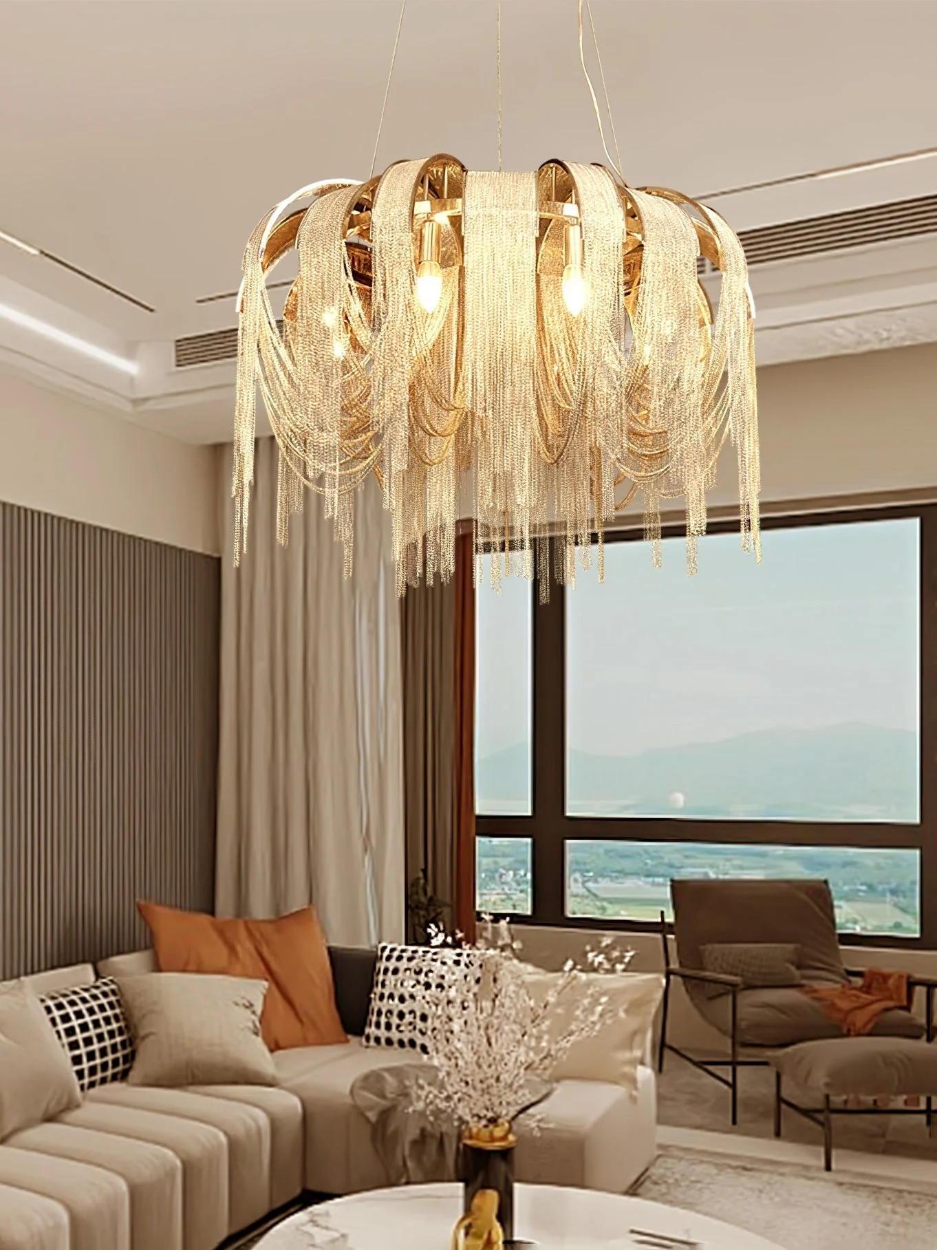 Lustra Chandelier Layered Chain Nickel Luxury - Image 87