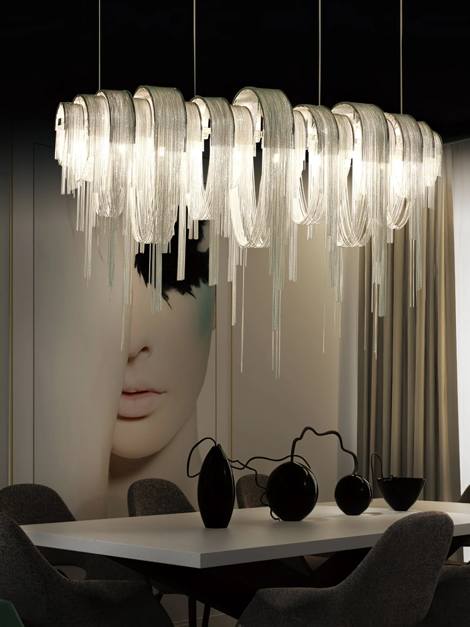 Lustra Chandelier Layered Chain Nickel Luxury - Image 88