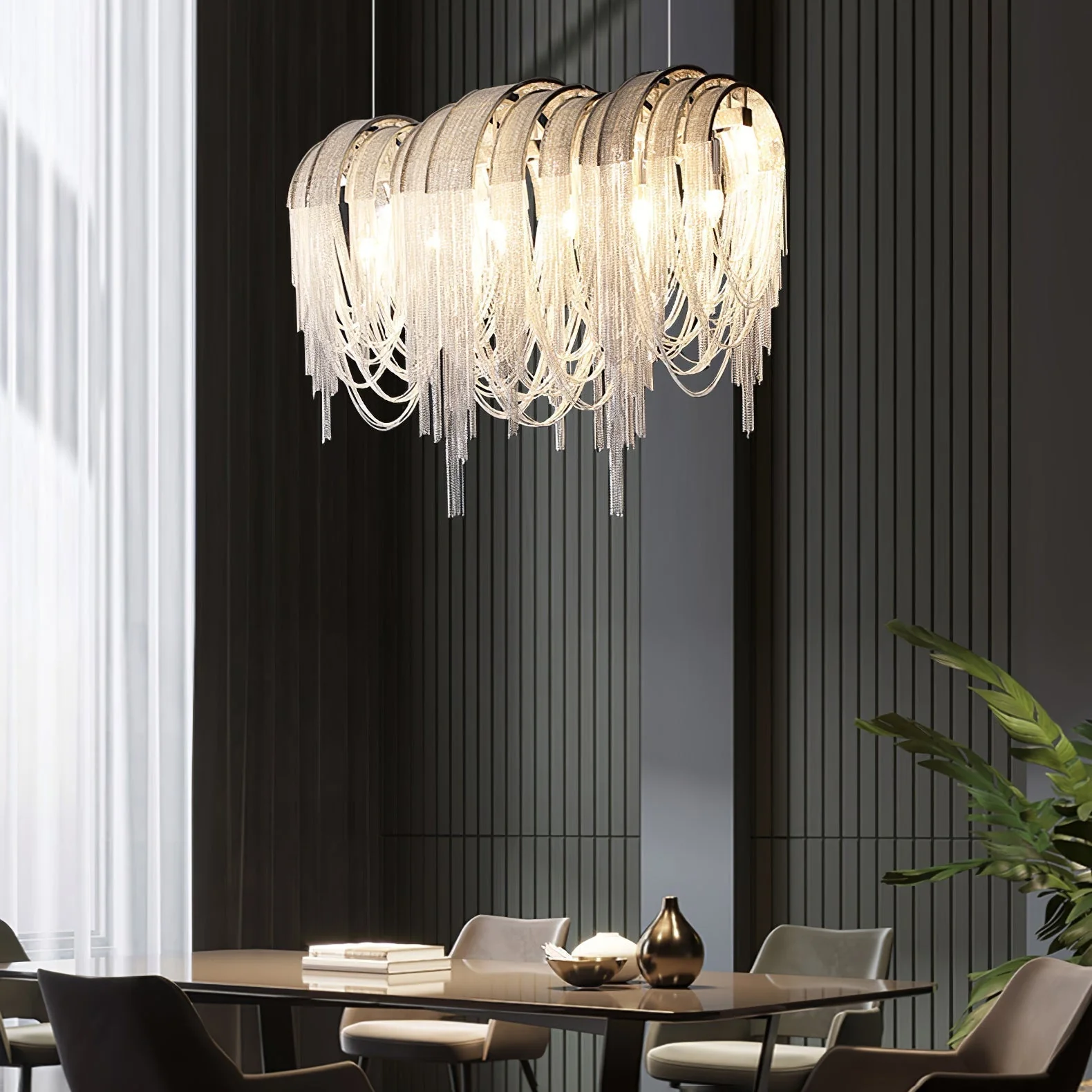 Lustra Chandelier Layered Chain Nickel Luxury - Image 89