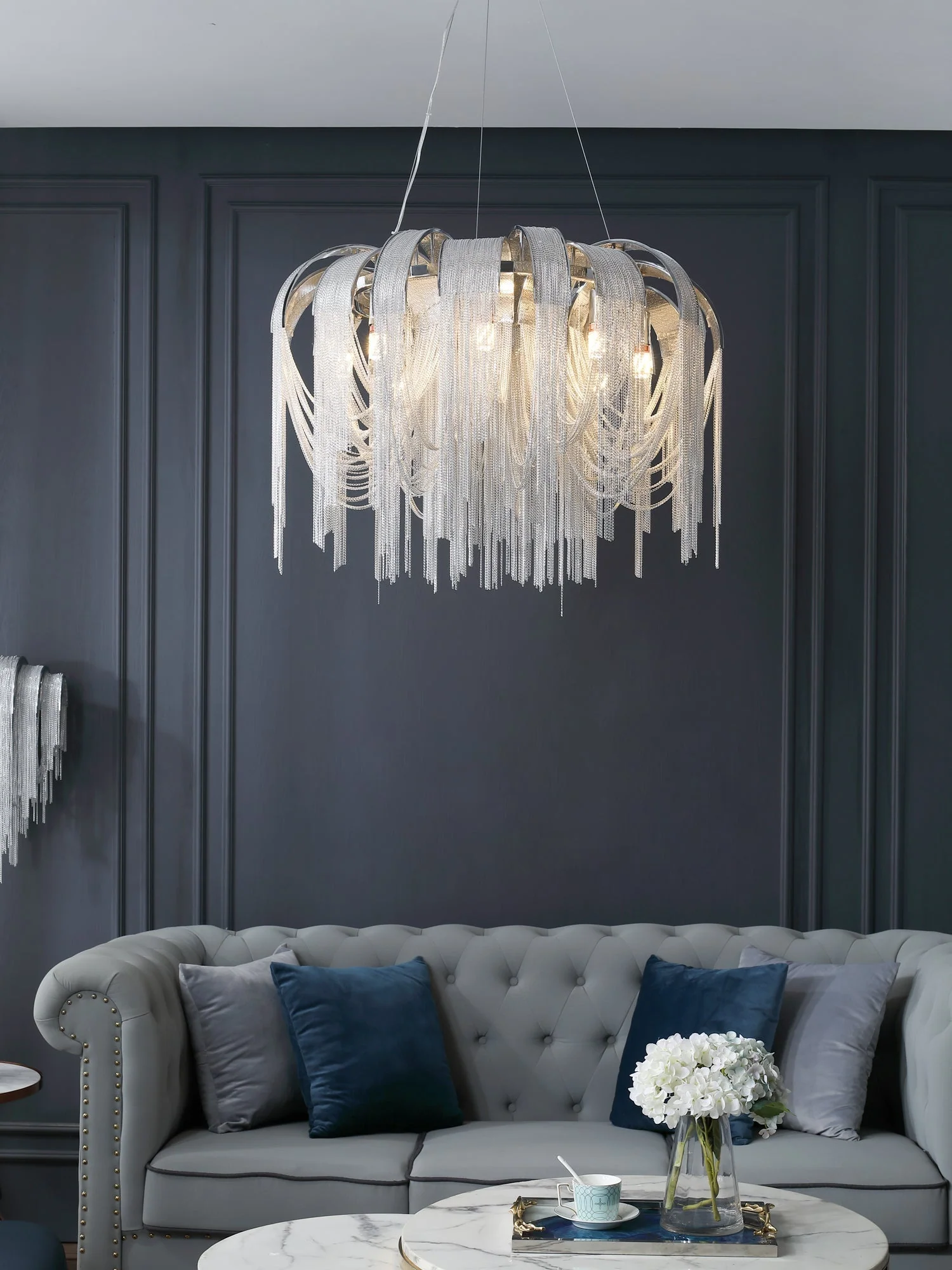 Lustra Chandelier Layered Chain Nickel Luxury - Image 90