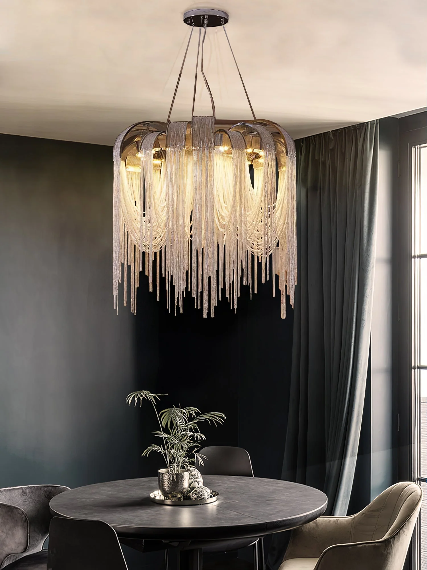 Lustra Chandelier Layered Chain Nickel Luxury - Image 95