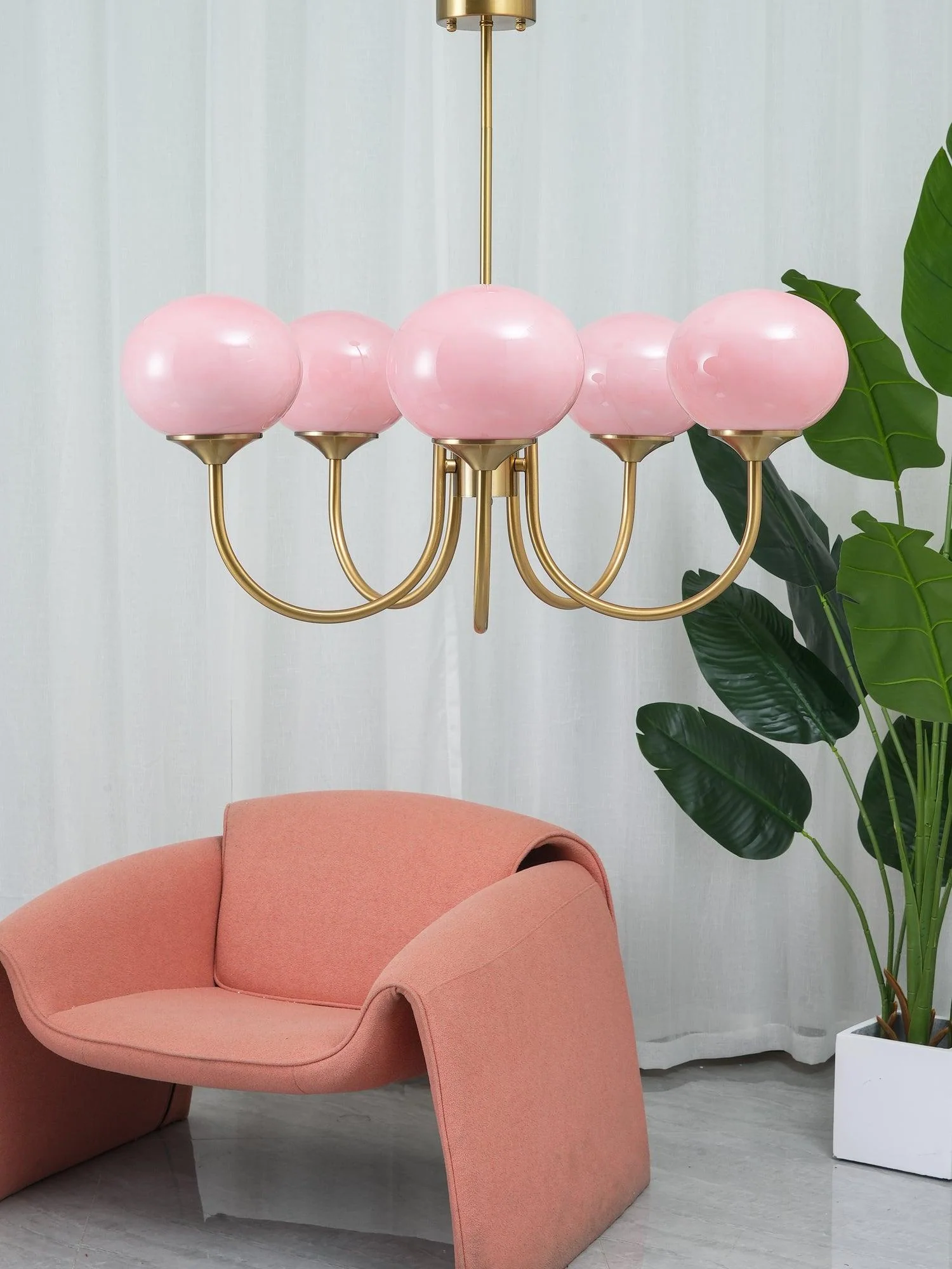 Lustra Chandelier Pink Glass Globe Gold - Image 10