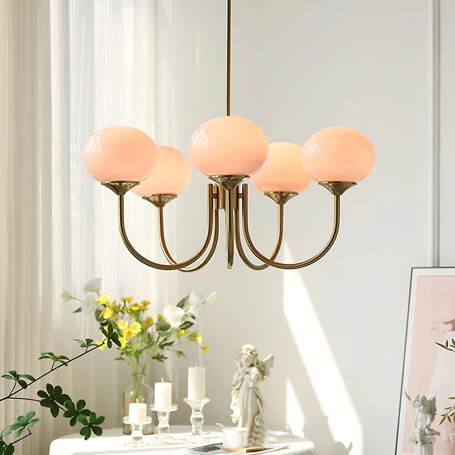 Lustra Chandelier Pink Glass Globe Gold - Image 12