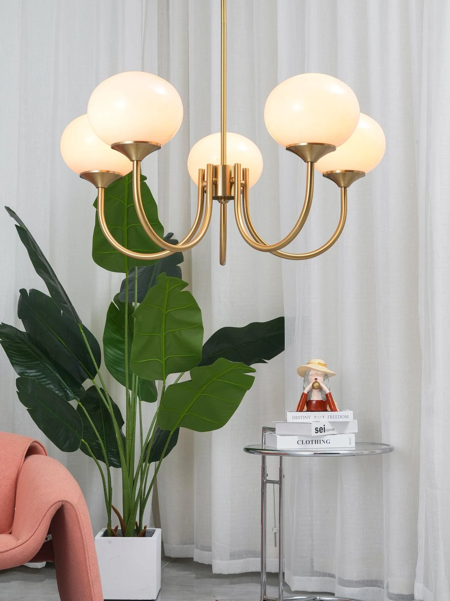Lustra Chandelier Pink Glass Globe Gold - Image 13