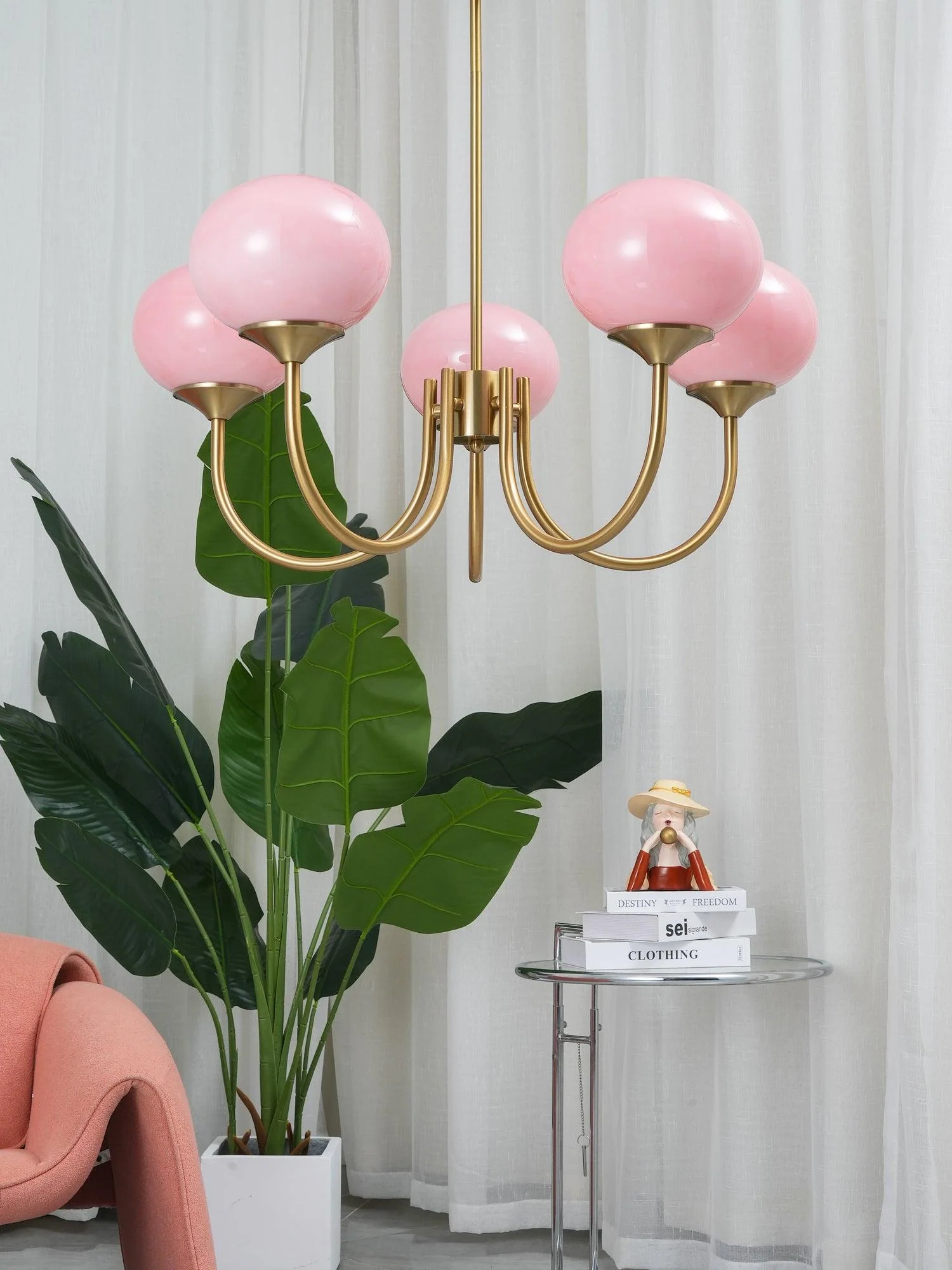 Lustra Chandelier Pink Glass Globe Gold - Image 14