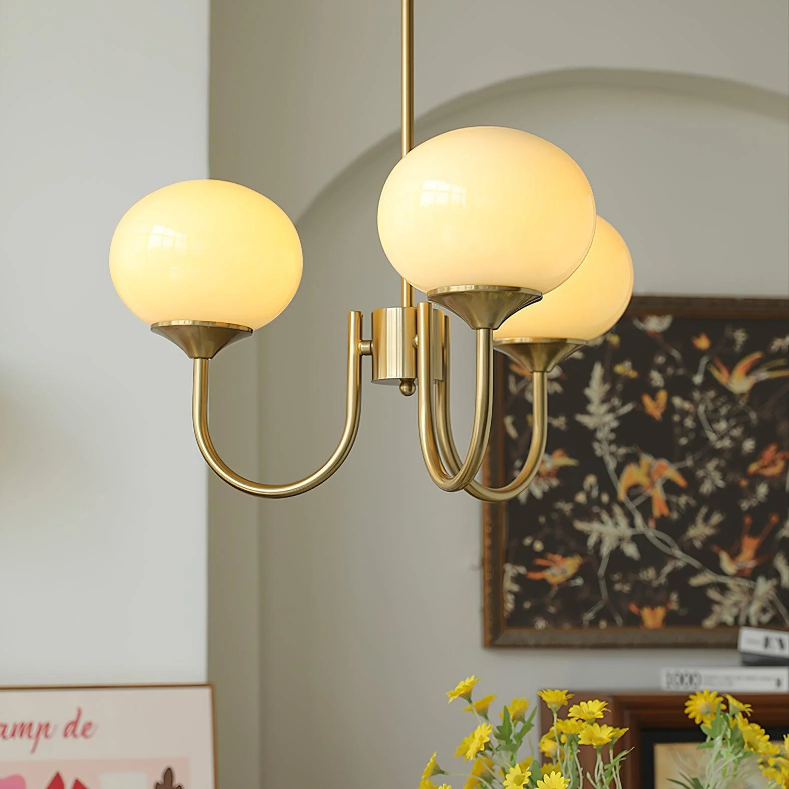 Lustra Chandelier Pink Glass Globe Gold - Image 15