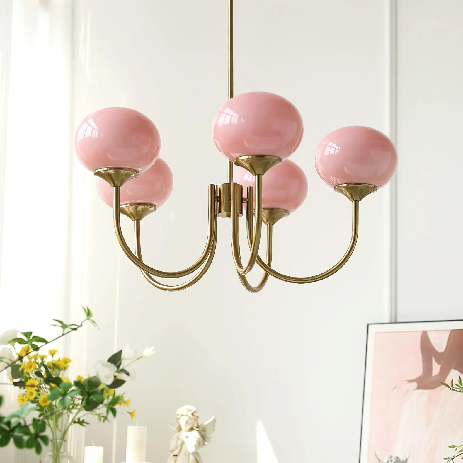 Lustra Chandelier Pink Glass Globe Gold - Image 2