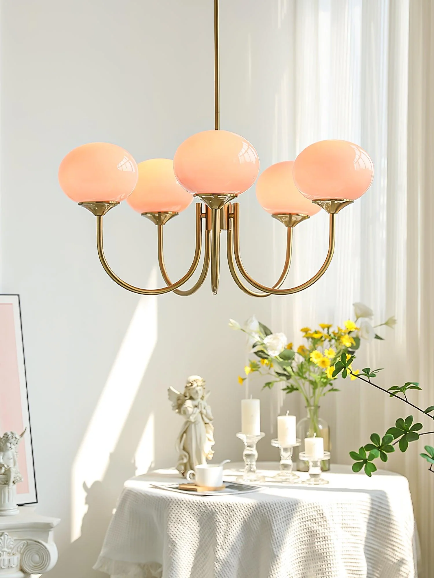 Lustra Chandelier Pink Glass Globe Gold - Image 20