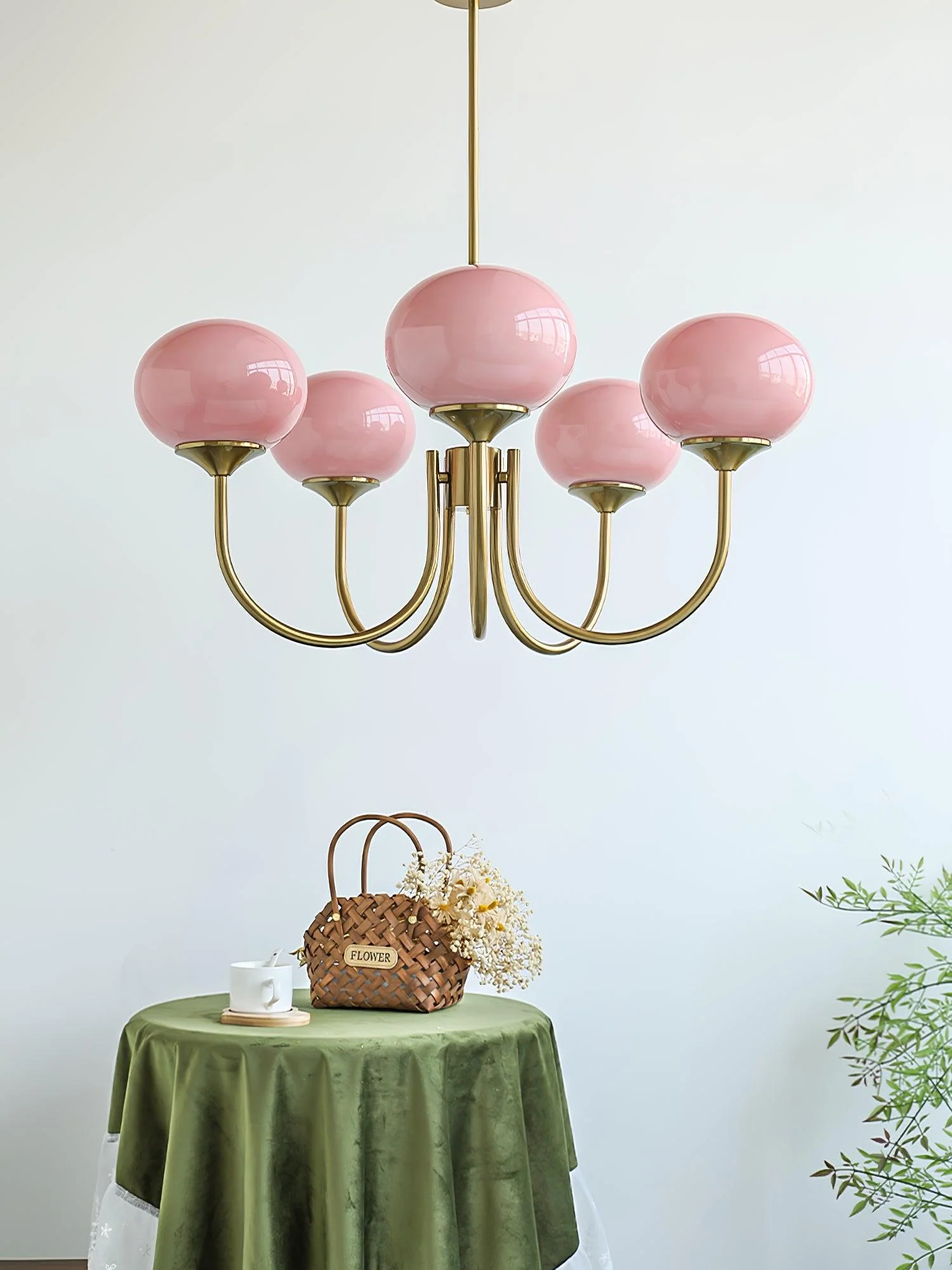 Lustra Chandelier Pink Glass Globe Gold - Image 23