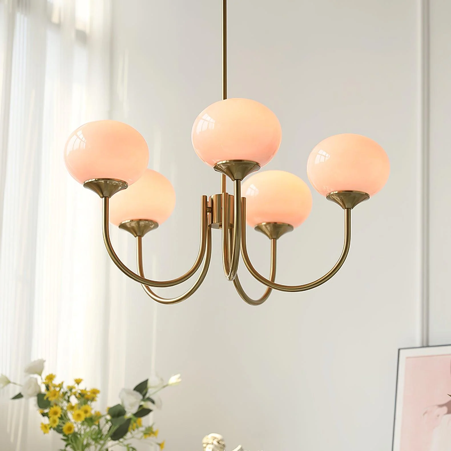 Lustra Chandelier Pink Glass Globe Gold - Image 24