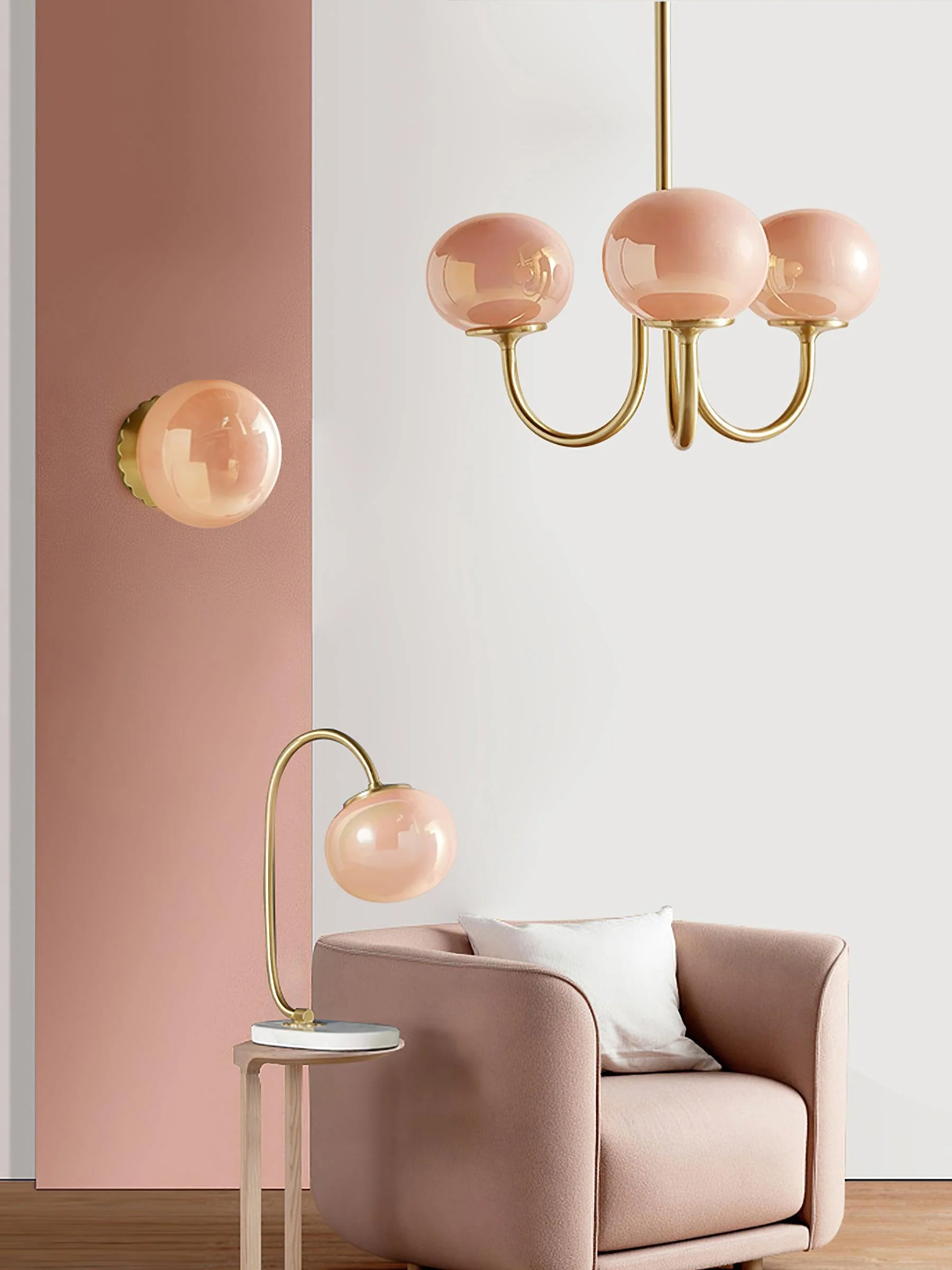 Lustra Chandelier Pink Glass Globe Gold - Image 29