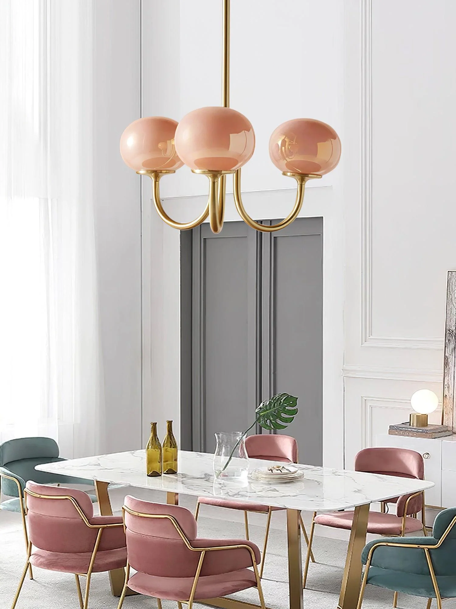 Lustra Chandelier Pink Glass Globe Gold - Image 31