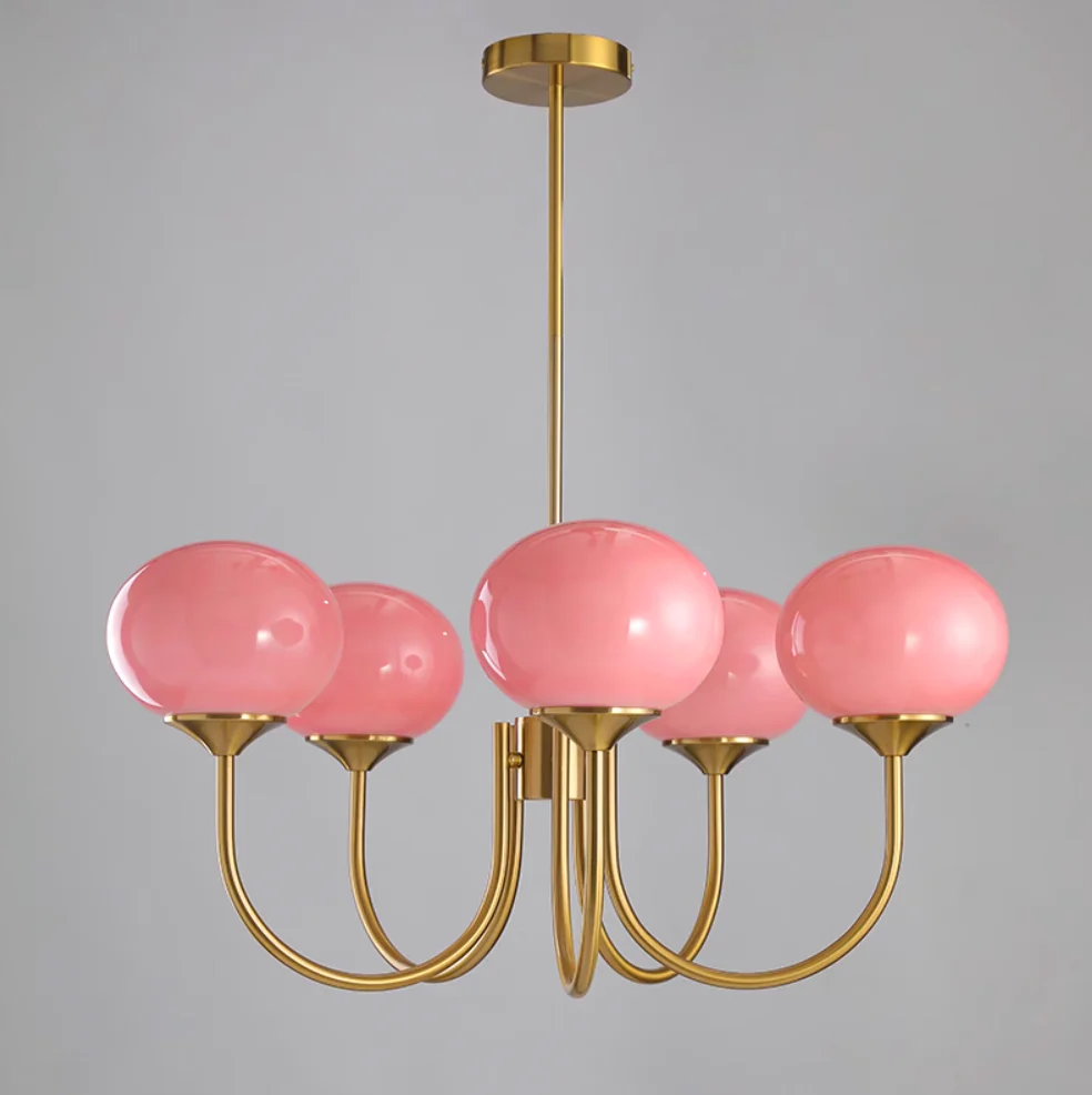 Lustra Chandelier Pink Glass Globe Gold - Image 59