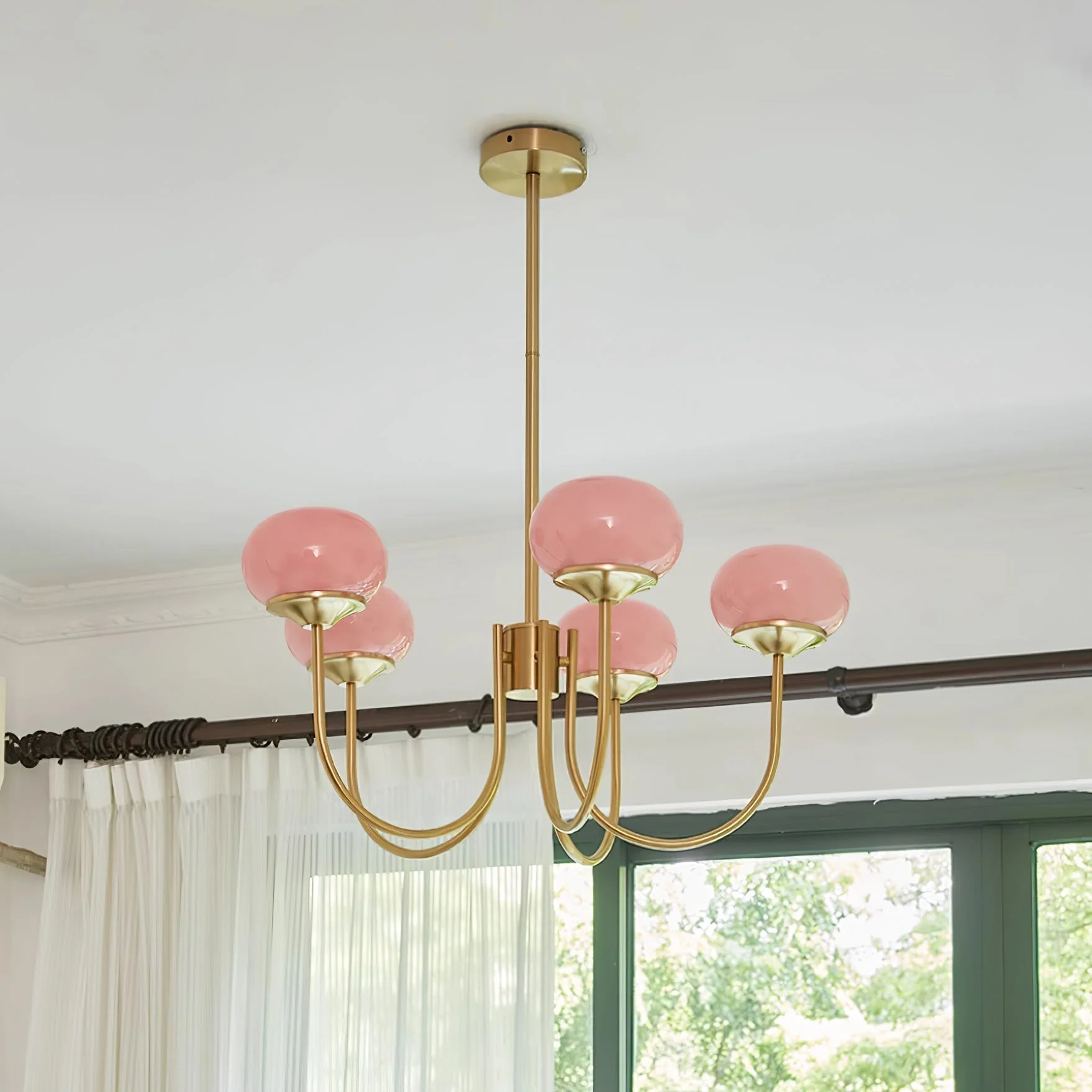 Lustra Chandelier Pink Glass Globe Gold - Image 68