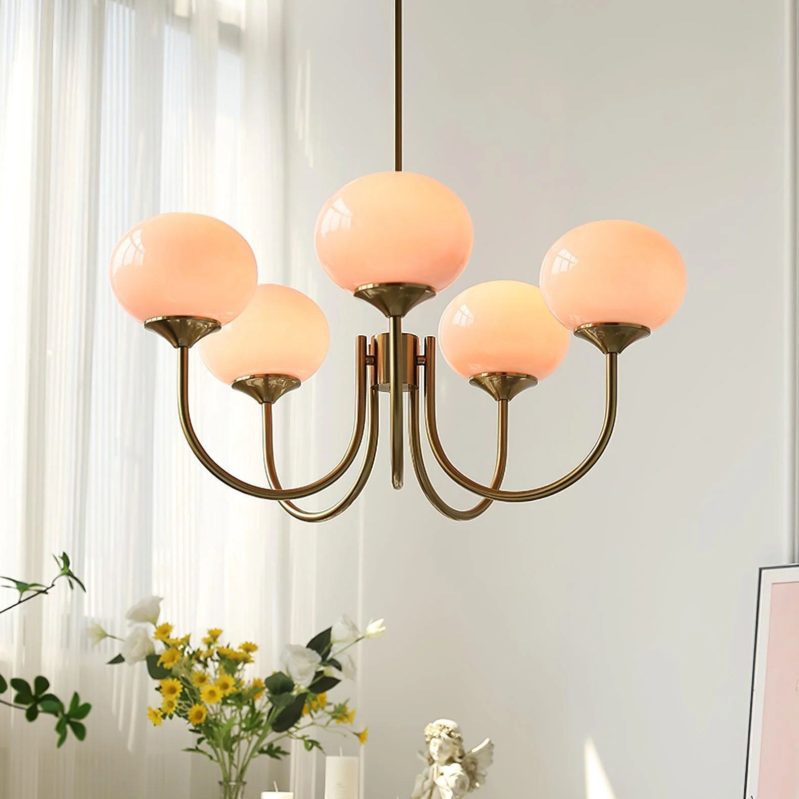 Lustra Chandelier Pink Glass Globe Gold - Image 73