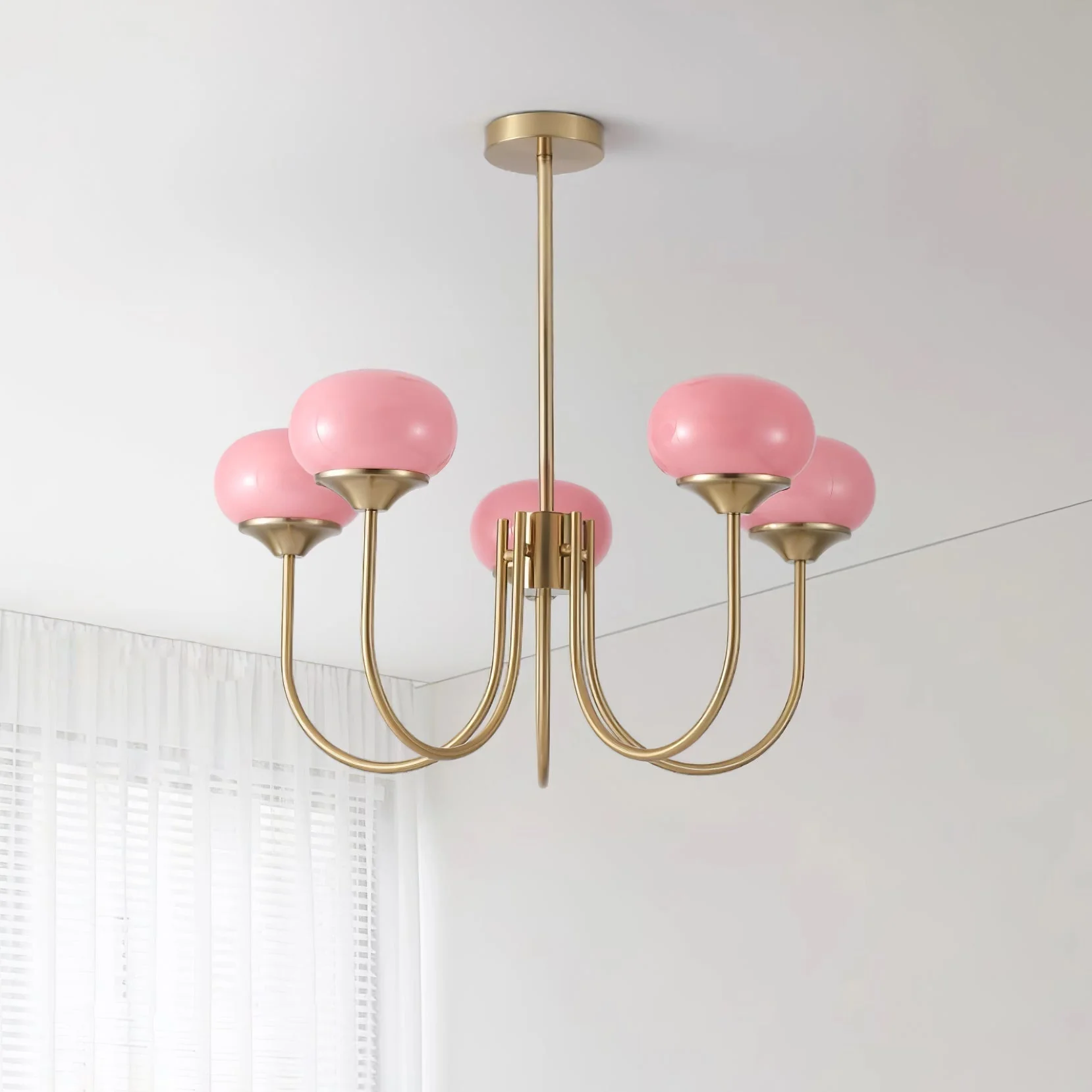 Lustra Chandelier Pink Glass Globe Gold - Image 76