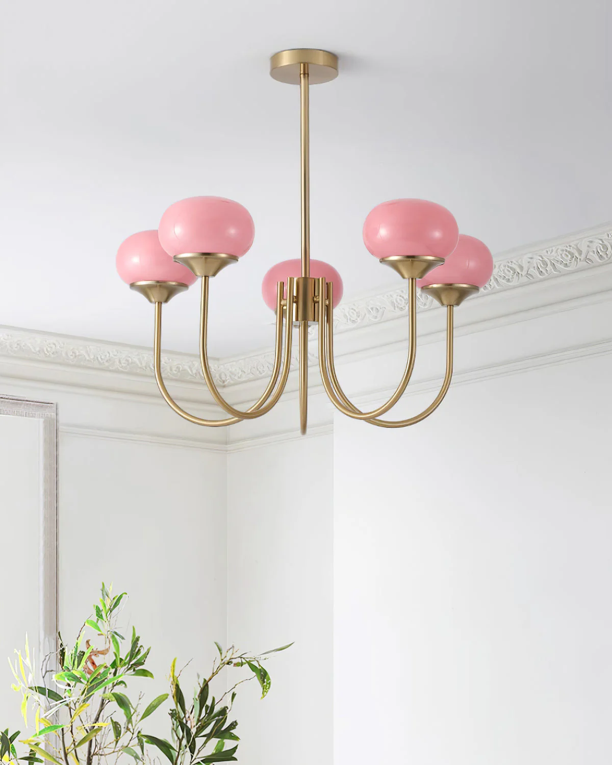 Lustra Chandelier Pink Glass Globe Gold - Image 84
