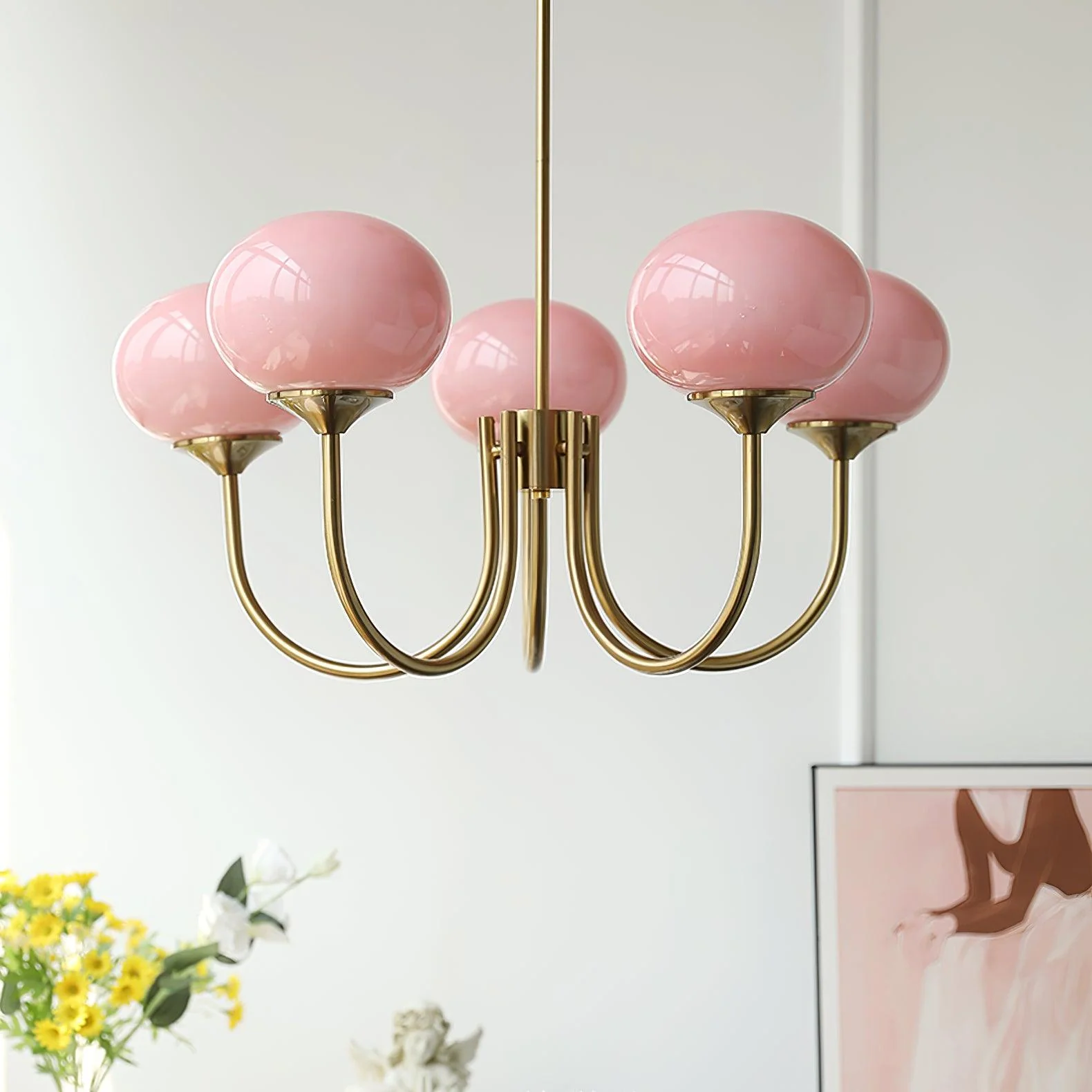 Lustra Chandelier Pink Glass Globe Gold - Image 9