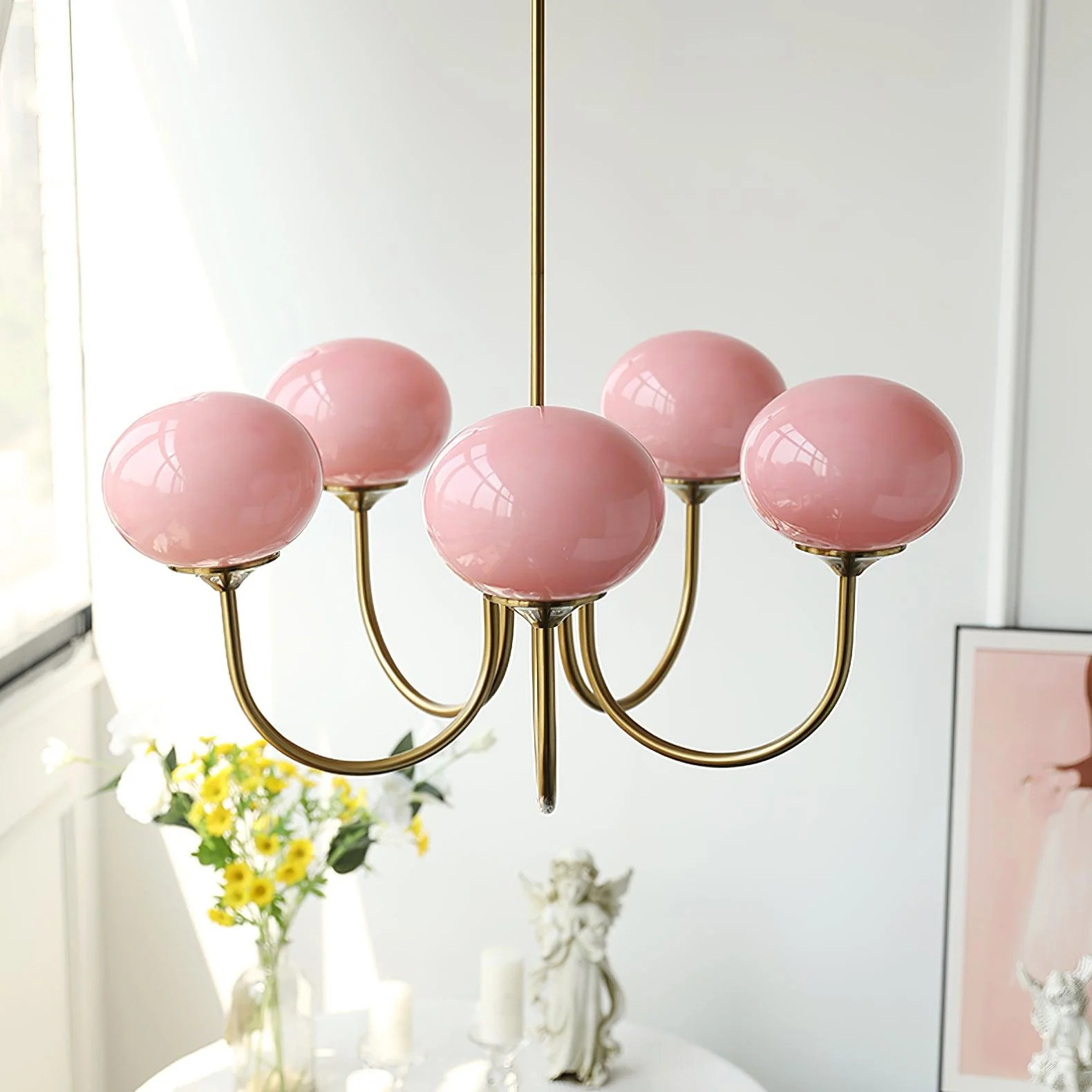 Lustra Chandelier Pink Glass Globe Gold - Image 93