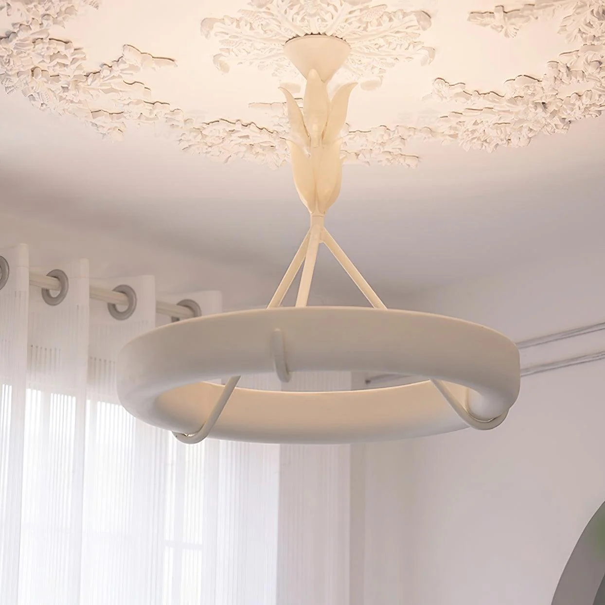 Lustra Chandelier Plaster White Floral Shape Minimalist - Image 3