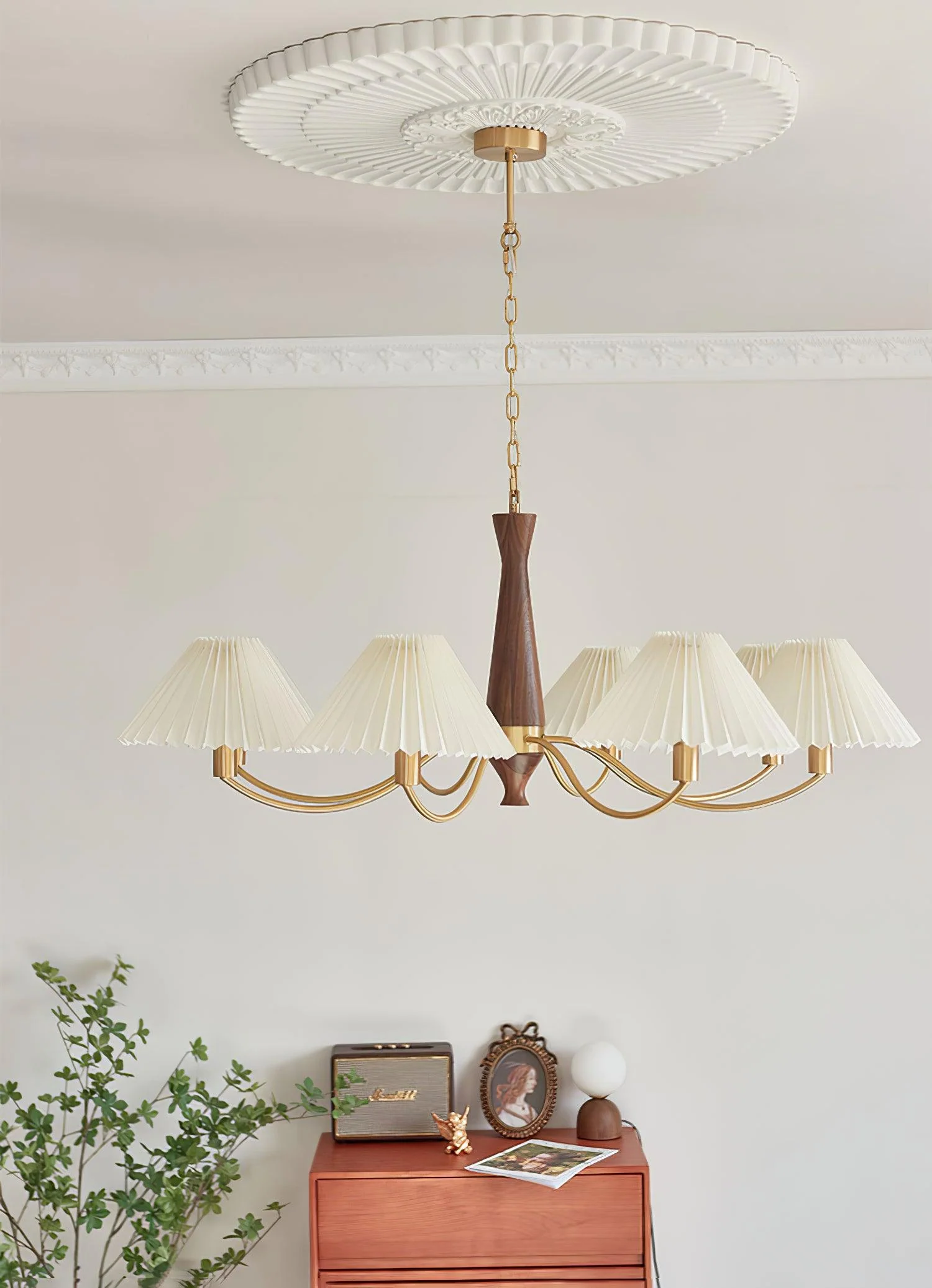 Lustra Chandelier Pleated with White Lampshades Mid-Century - Image 12