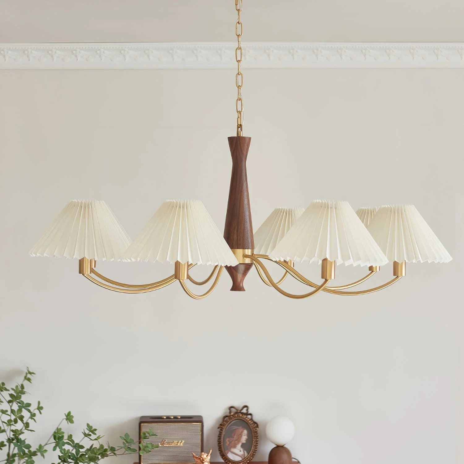 Lustra Chandelier Pleated with White Lampshades Mid-Century - Image 14