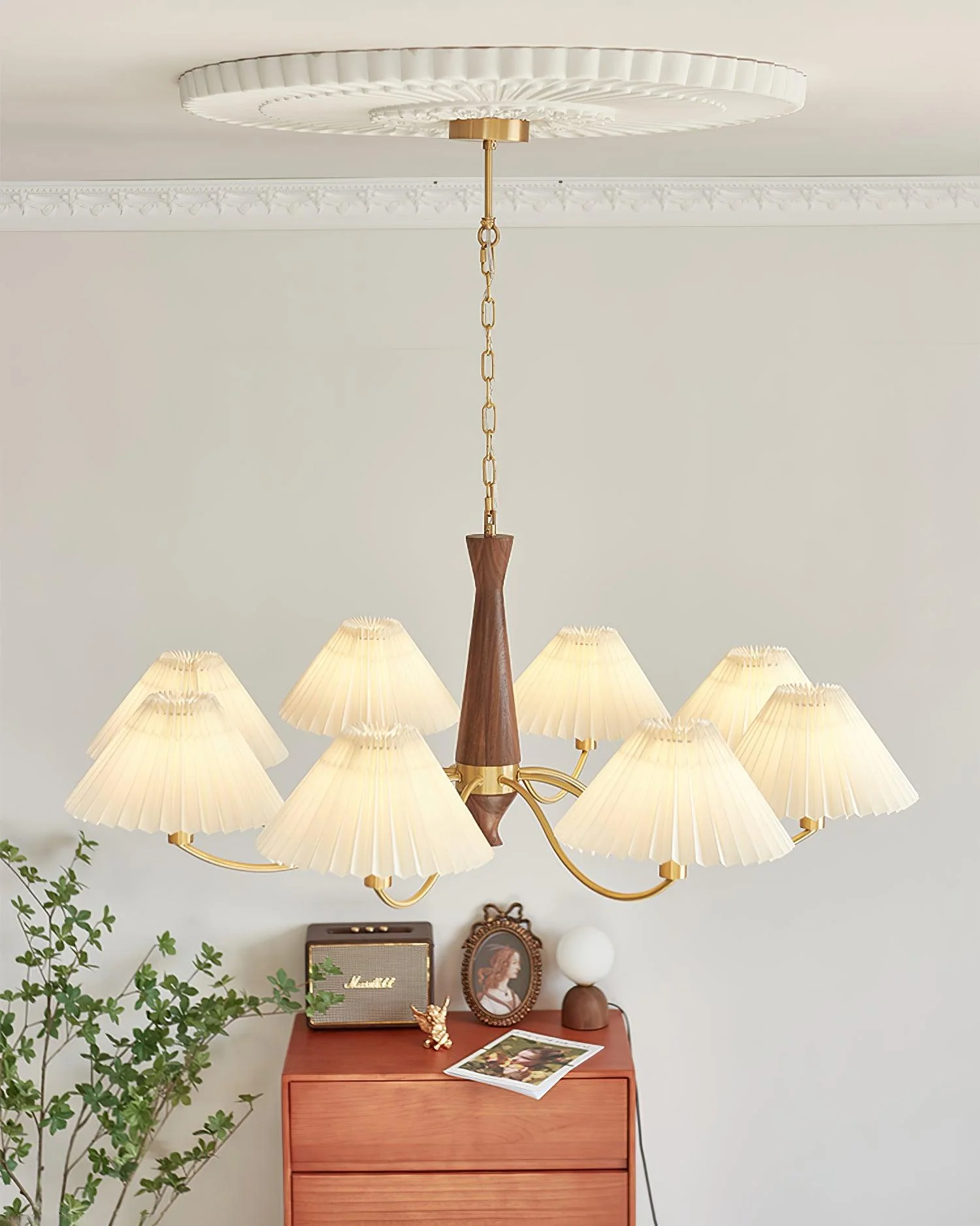 Lustra Chandelier Pleated with White Lampshades Mid-Century - Image 16