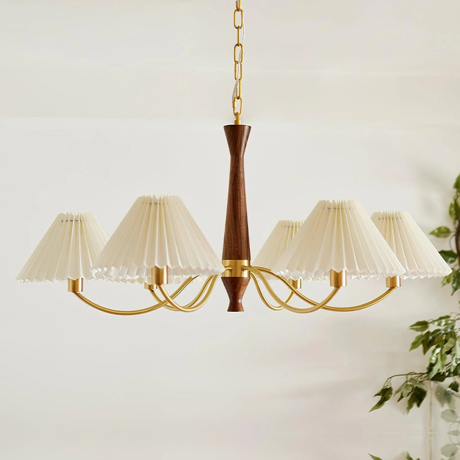 Lustra Chandelier Pleated with White Lampshades Mid-Century - Image 17