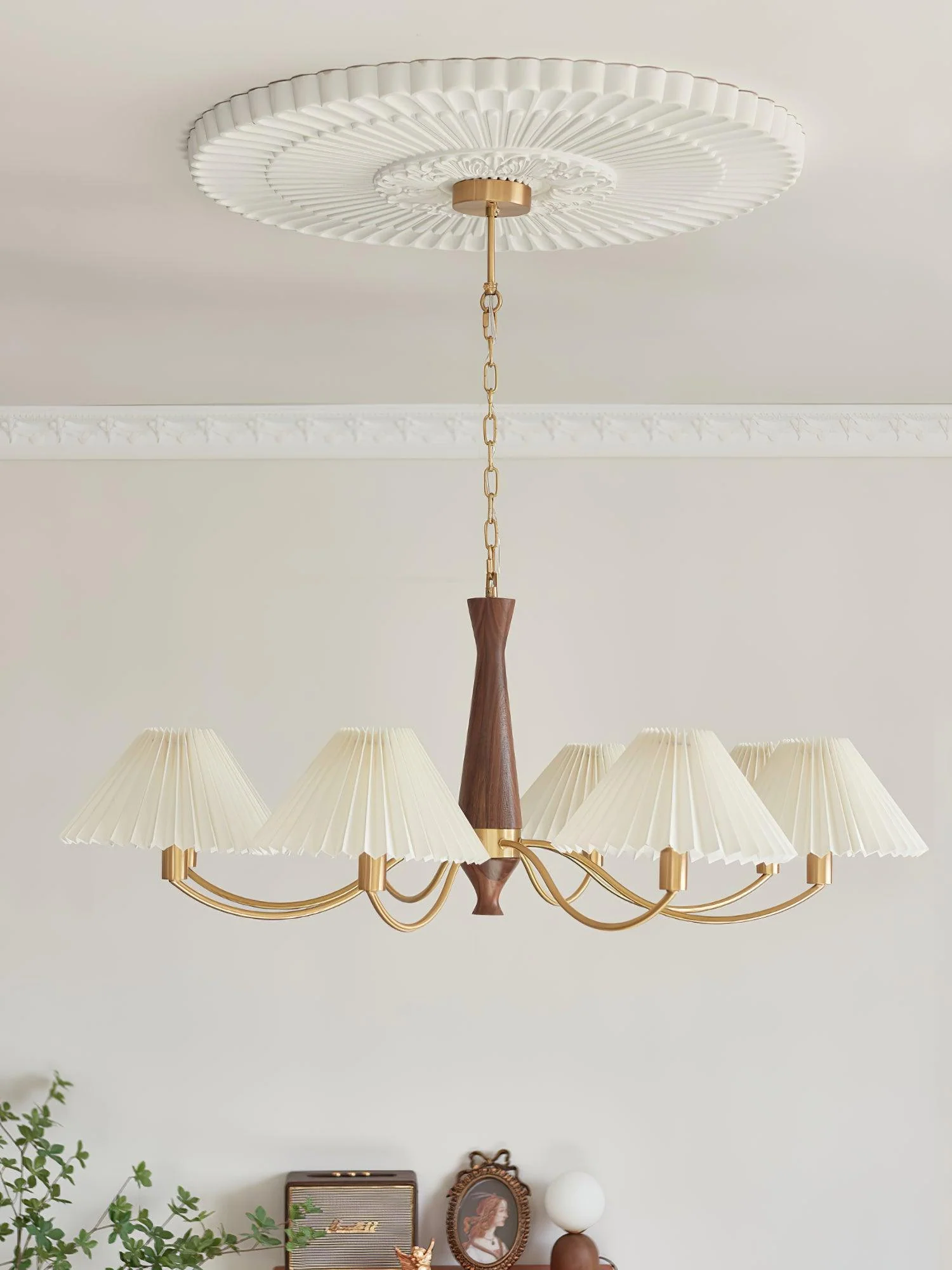 Lustra Chandelier Pleated with White Lampshades Mid-Century - Image 18