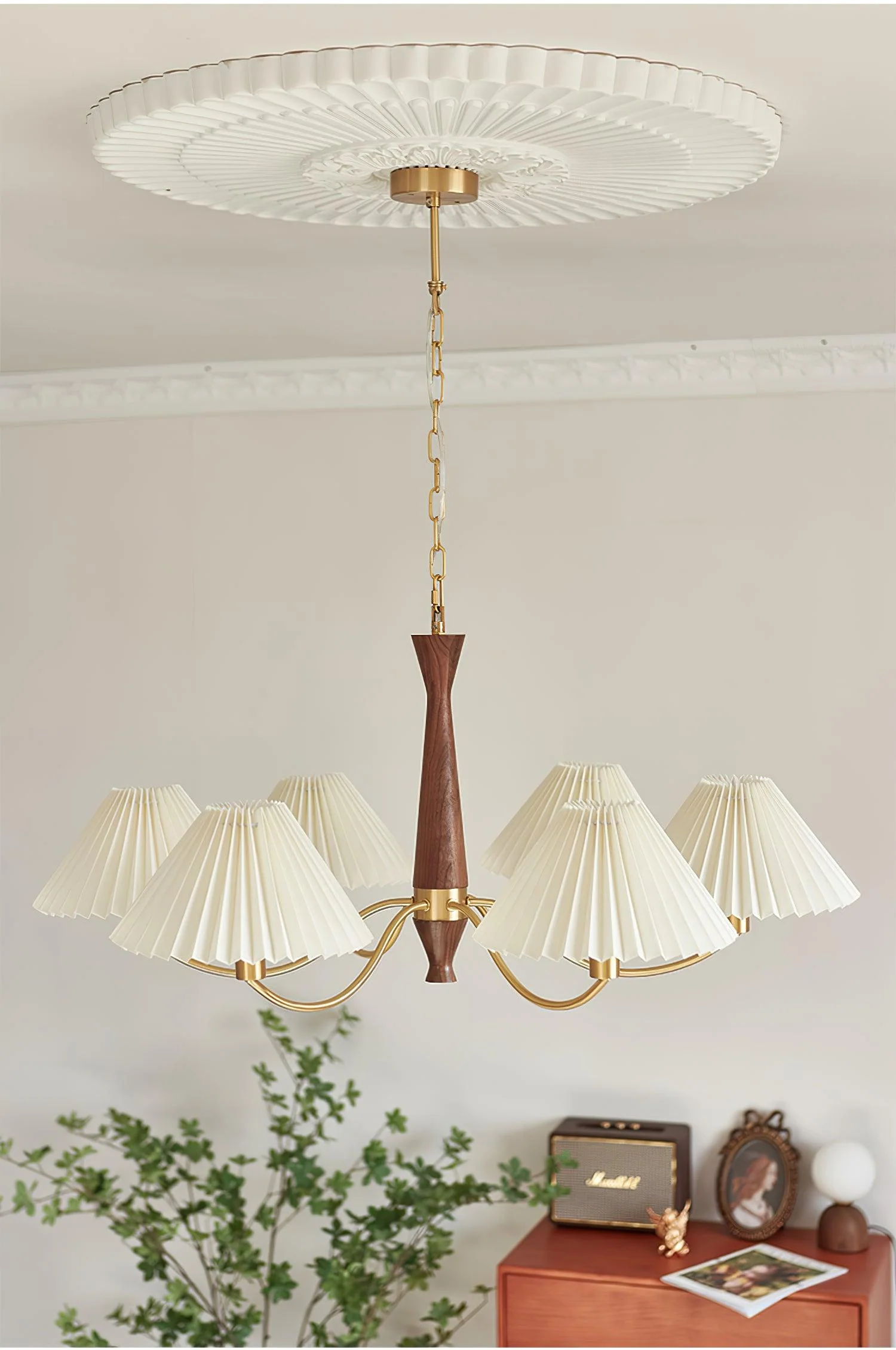 Lustra Chandelier Pleated with White Lampshades Mid-Century - Image 19